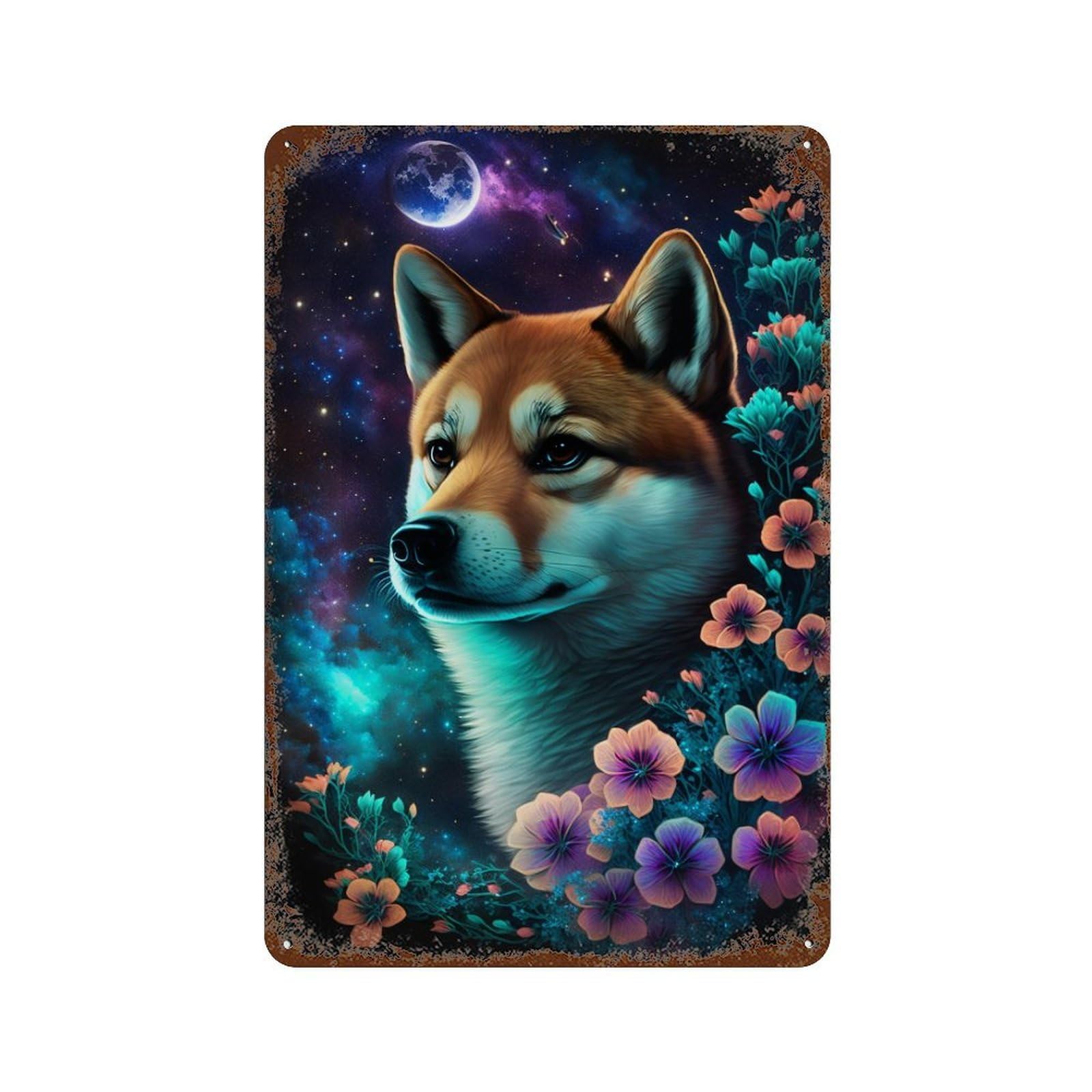 Aged Metal Wall Plaque with Galactic Wolf with Flowers Design 11.8"x7.9", for Shed, Workshop And Garage Wall Decor, Decorative Metal Wall Art