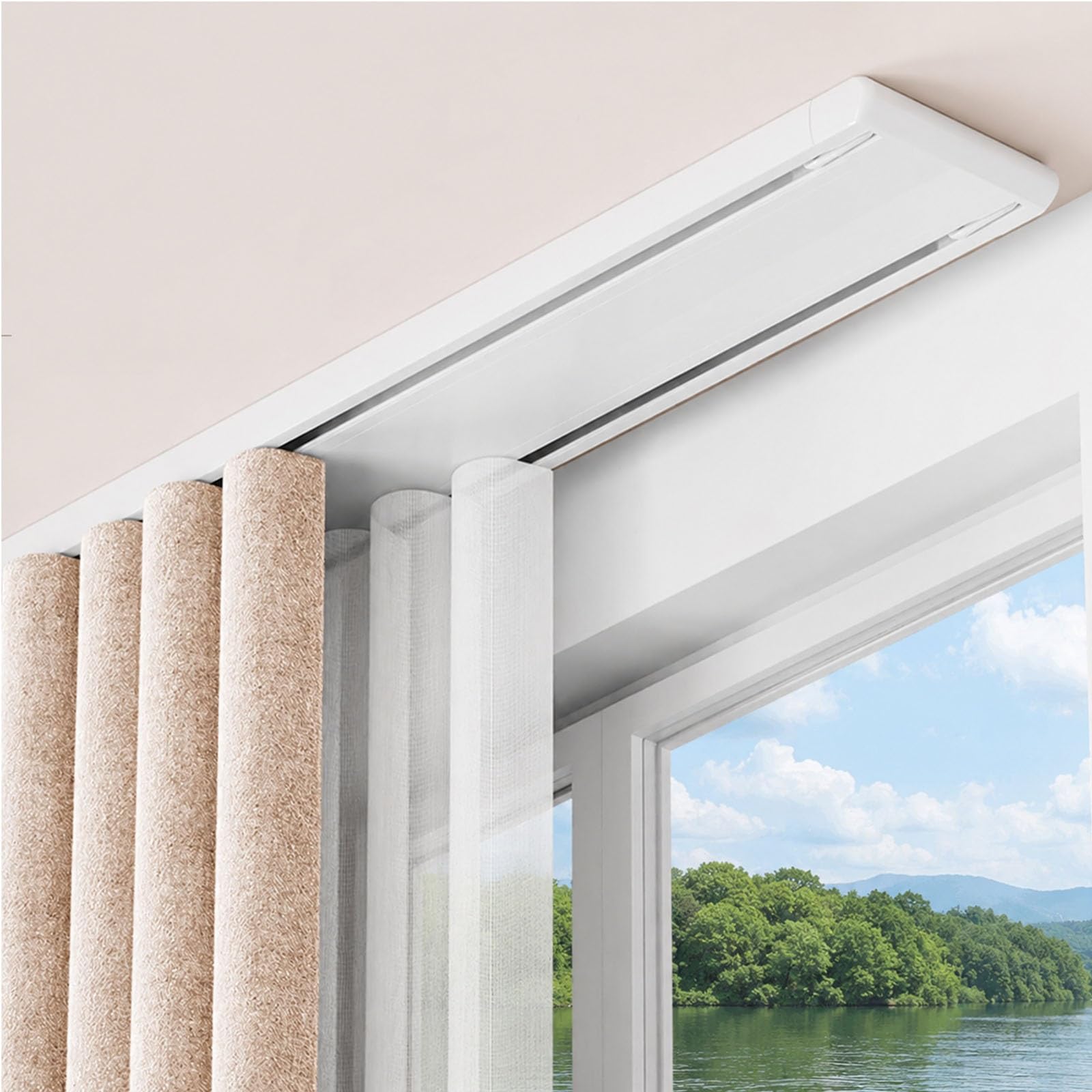 Ceiling Curtain Track Set Double Tracks Curtain Rails Dual Row Curtain Track Ceiling Mount Heavy Duty Aluminum Room Divider Track Double Ceiling Curtain Rail With Silent(White,1.2m(3.9ft))