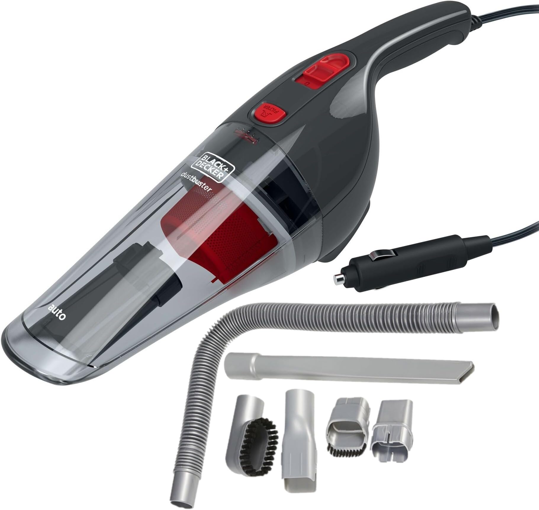 Black & Decker 12V DC Auto Dustbuster Handheld Car Vacuum with 6 Pieces Accessories for Car, Red/Grey - NV1210AV, 2 Years Warranty