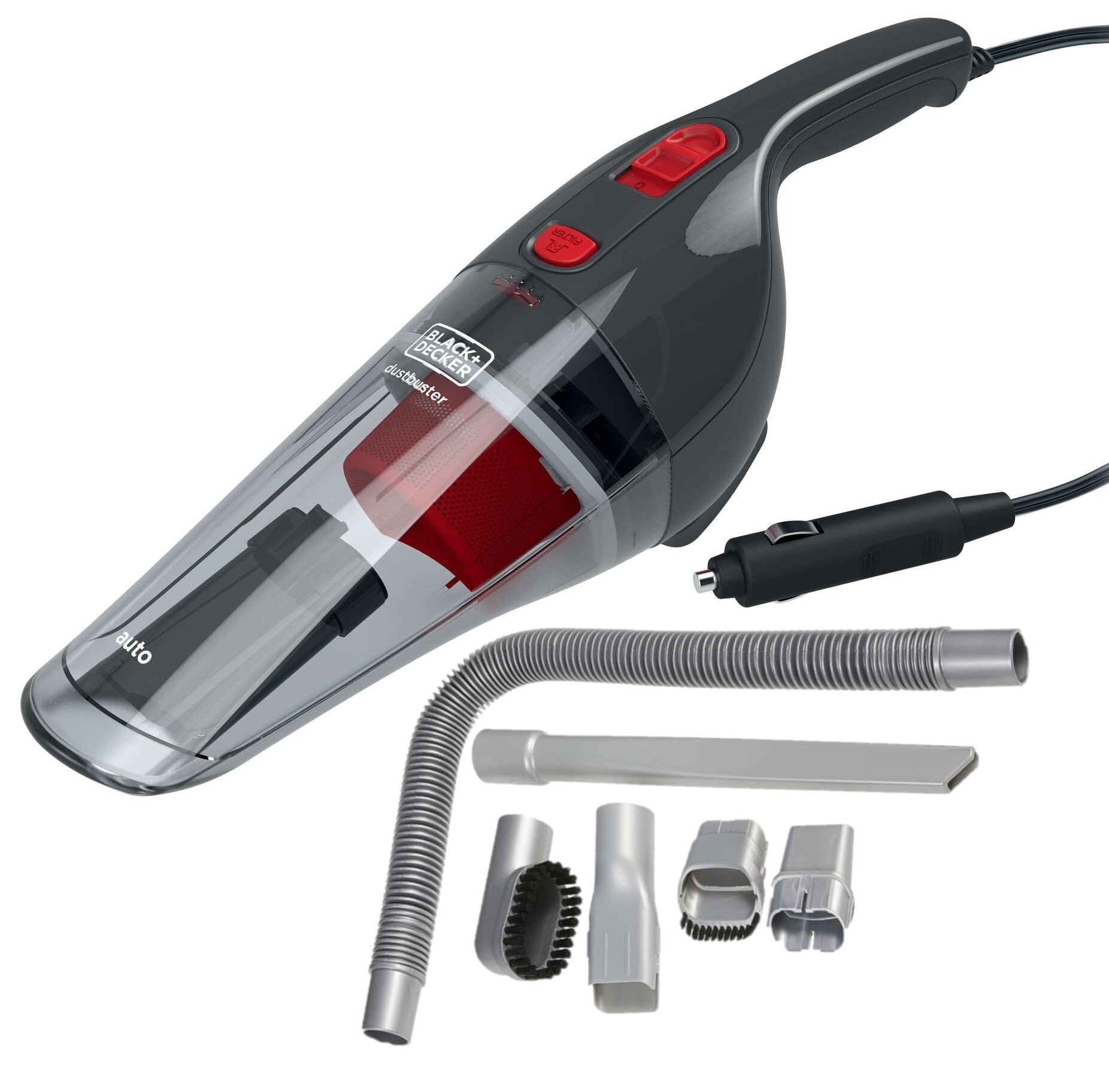 Black & Decker 12V DC Auto Dustbuster Handheld Car Vacuum with 6 Pieces Accessories for Car, Red/Grey - NV1210AV, 2 Years Warranty