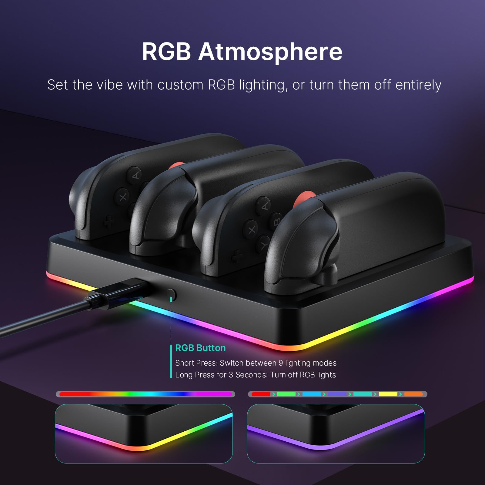 NexiGo Verbesserte Controller-Ladestation kompatibel mit Nintendo Switch 2, Ladestation für Joy-Cons mit Mehreren RGB-Lichtmodi, Tonbenachrichtigungen, LED-Anzeigen, integriertem Ständer