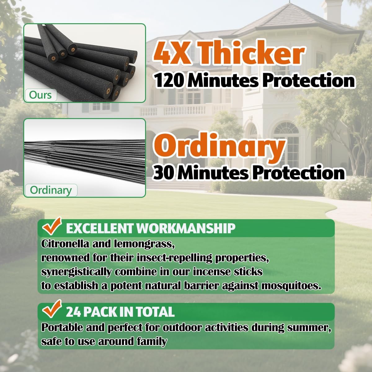 Extra Large Mosquito Repellent Sticks 24 Pack, Natural Outdoor Patio Mosquito Deterrent, Long-Lasting 2-Hour Burn Time, Safe for Family Pets Effective Bug Control