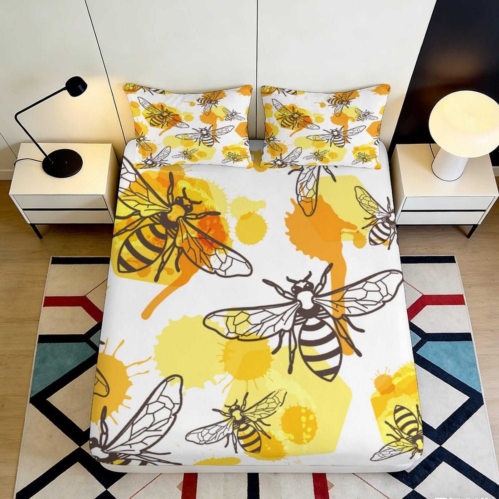 3D Printed Bee Pattern Fitted Sheet Microfiber Yellow Honeycomb Bed Cover for Bedroom Dorm Mattress Protector Decor 160x200x25cm
