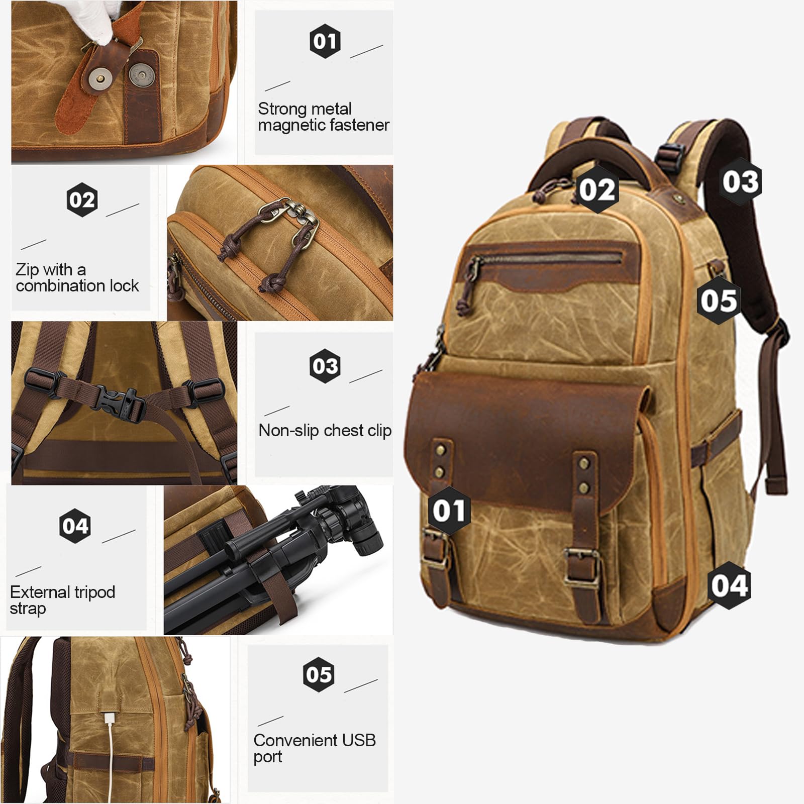 Zaino Macchina Fotografica in Tela Batik, Zaino da Viaggio Antiurto, con Scomparto per Notebook da 15.4 Pollici, per Treppiedi, Fotocamere, Obiettivi e Accessori (Grigio)