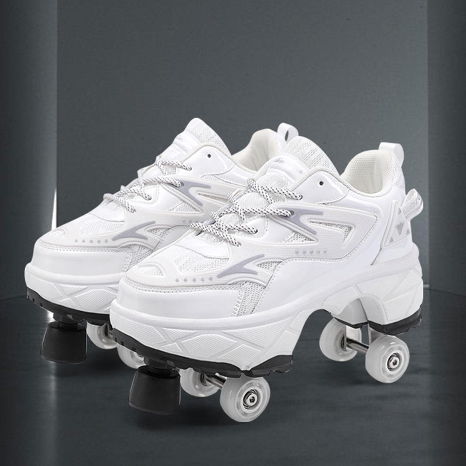 Chaussures De Patins À roulettes Unisexes Chaussures Déformées Multifonctionnelles 2 en 1, Chaussures Parkour pour Adultes/Enfants, Chaussures À roulettes pour Cadeau Débutant,White1-37EU