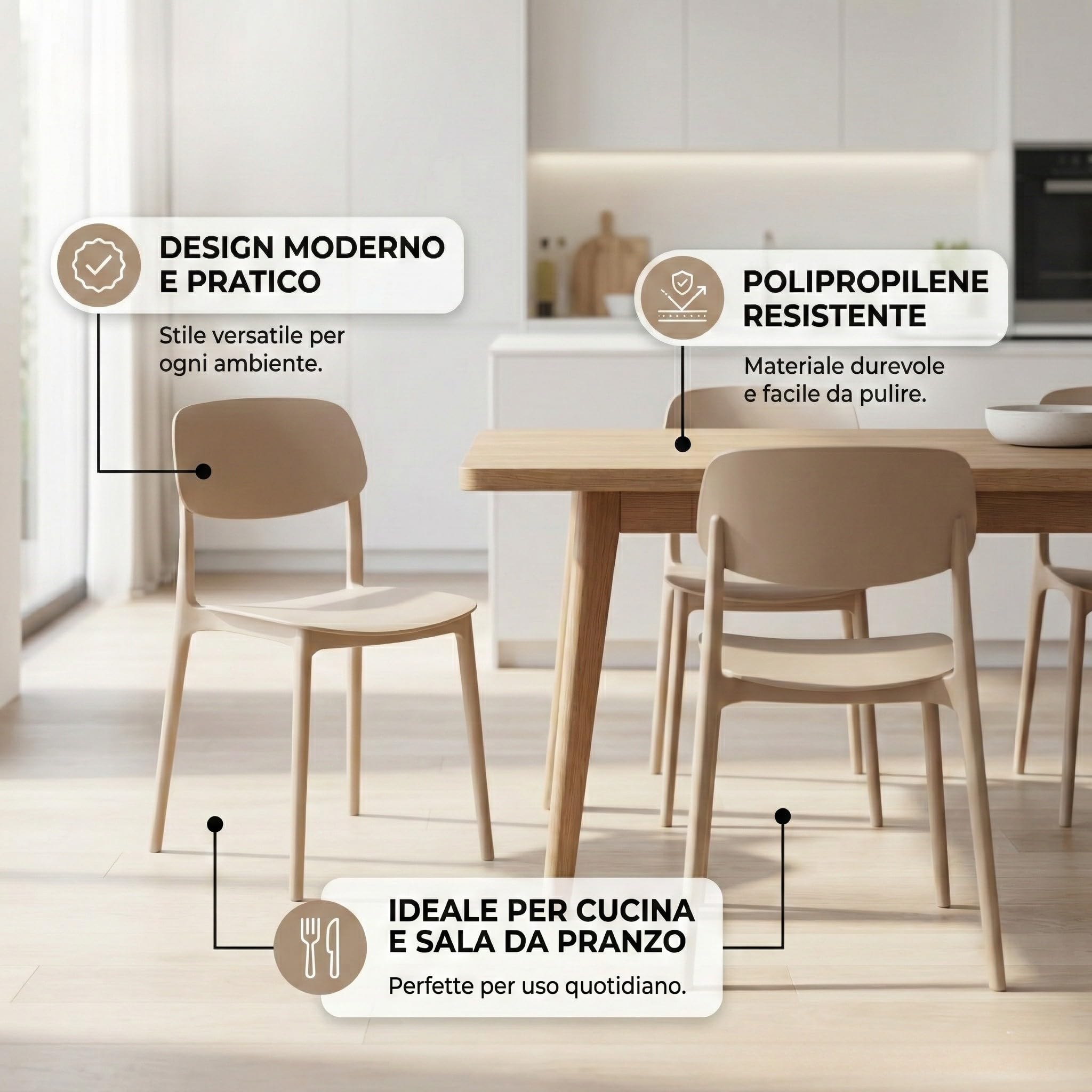 CRIBEL Set da 4 Sedie New Chapeau in Polipropilene Tortora | Sedie Cucina e Sala da Pranzo Moderne | Set 4 Sedie Design Resistente per Interni e Locali