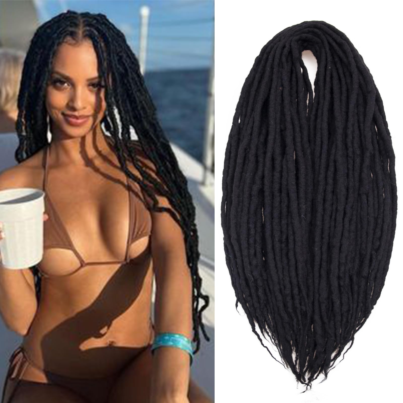 Wool Dreadlock Extensions - Handmade Black 22 Inches Double Ended Braid-in Dreads, 15 Strands Hippie Locs DE Ends Stylish Crochet Dreads Extensions