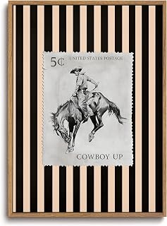 ZZLWBKGL Vintage Western Framed Wall Art Farmhouse Striped Cowboy Canvas Wall Art Retro Country West Stamp Pictures Decor Mid Century Rodeo Bucking Bronco Art Prints for Living Room Bedroom