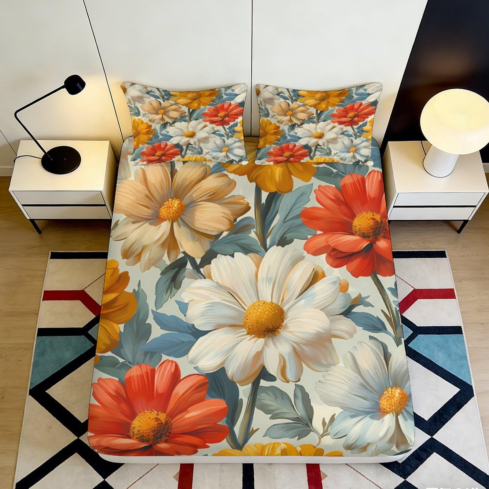 3D Printed Floral Garden Fitted Sheet Microfiber Soft Breathable Blossom Meadow Bed Cover for Bedroom Dorm Decor 90x200x25cm