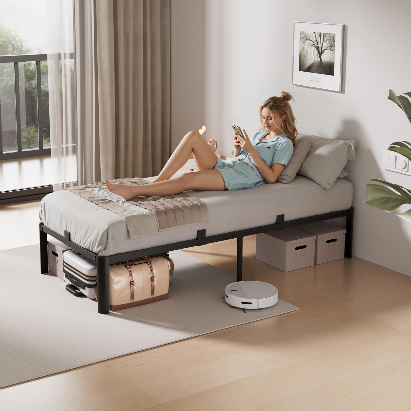 KUTAS Einzelbettgestell, 90 x 200 cm, Höhe 36 cm mit Stauraum unter dem Bett, 14 Reihen Metalllamellen Bett, Kein Boxspringbett Erforderlich, Einfach zu Montieren, Geräuschlos, Modern, Schwarz
