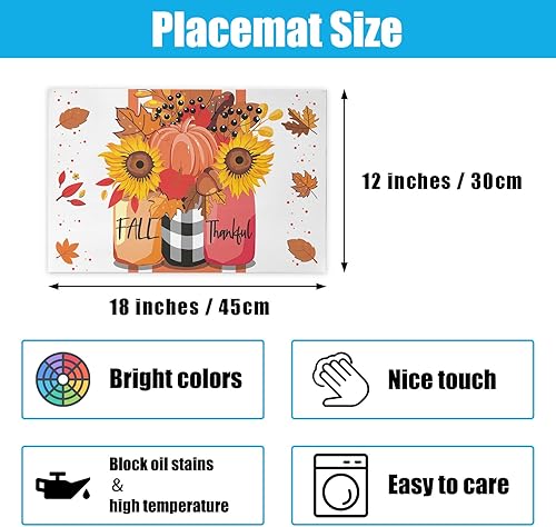 Miniatura 3 de Juego de 4 manteles individuales con texto en inglés Hello Fall, crisantemo en frasco, cosecha de temporada, granja, Acción de Gracias, cocina,