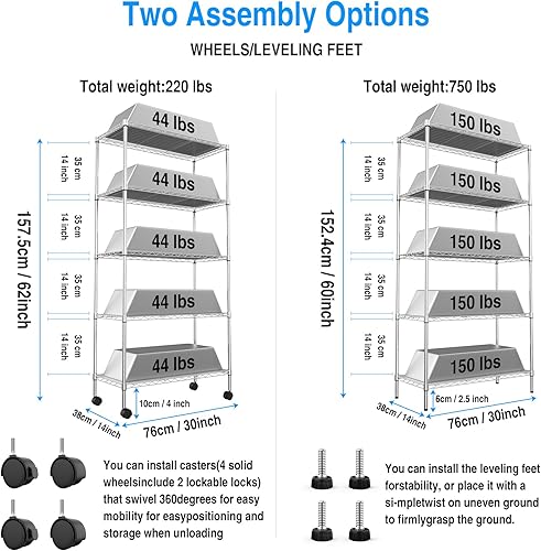 Miniatura 3 de Estantería de alambre NSF de 5 niveles, 14 x 30 x 60 pulgadas, capacidad de 750 libras, estante de metal de almacenamiento ajustable con ruedaspatas