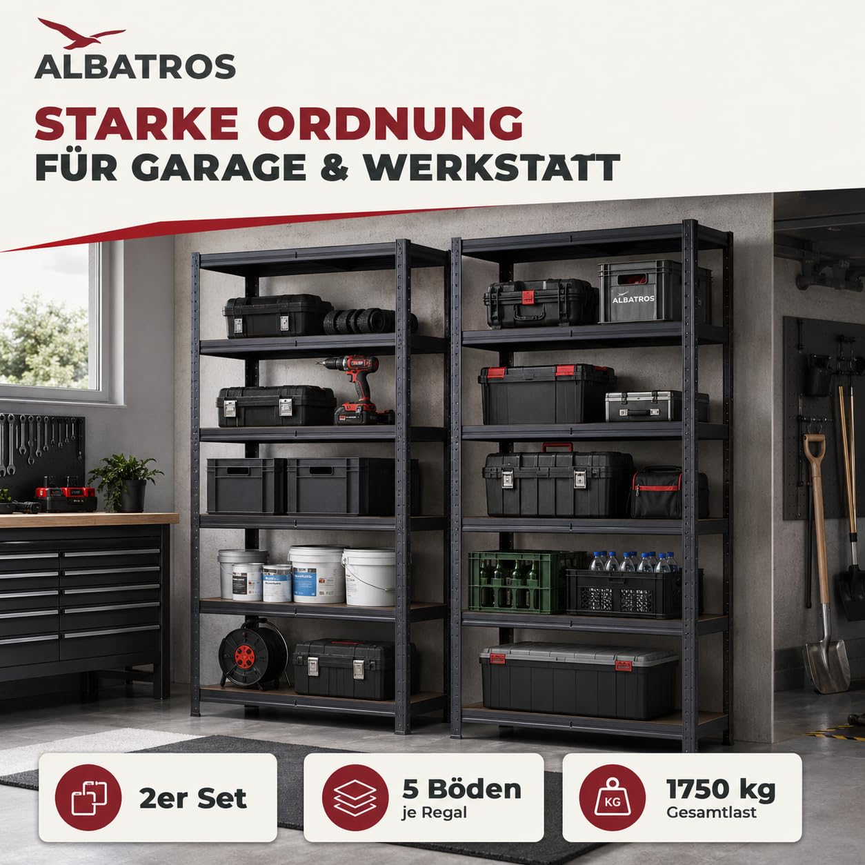 ALBATROS SR2B Premium Schwerlastregal Schwarz 2er Set – 875 kg belastbar, wasserfest, Matte laminierte Böden, 5 verstellbare Ebenen, teilbares Steckregal 180x90x40 cm, Stahlregal inkl. 2 Haken
