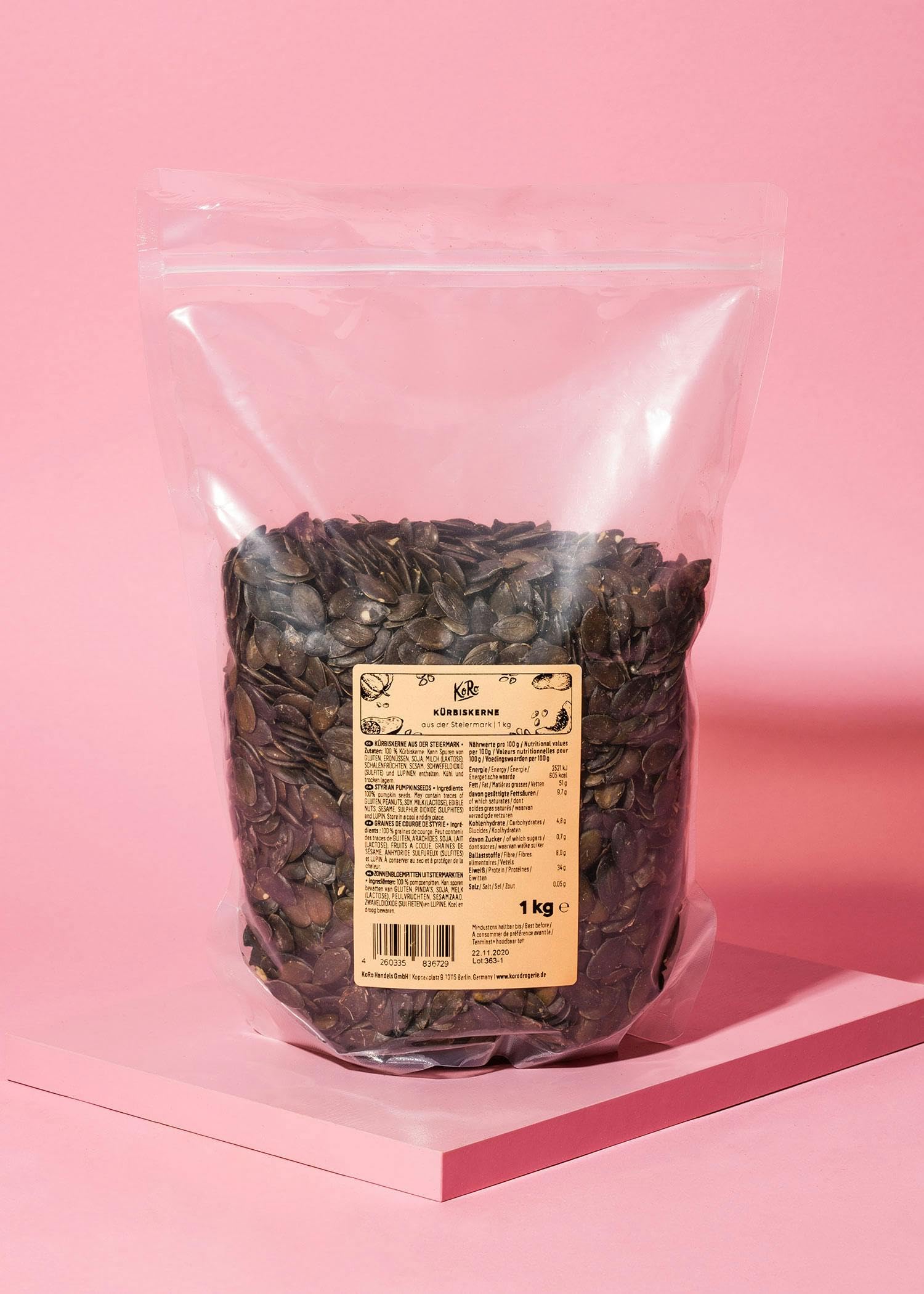 KoRo - Graines de courge de Styrie 1 kg - Naturel et non grillé, sans sel ni peau
