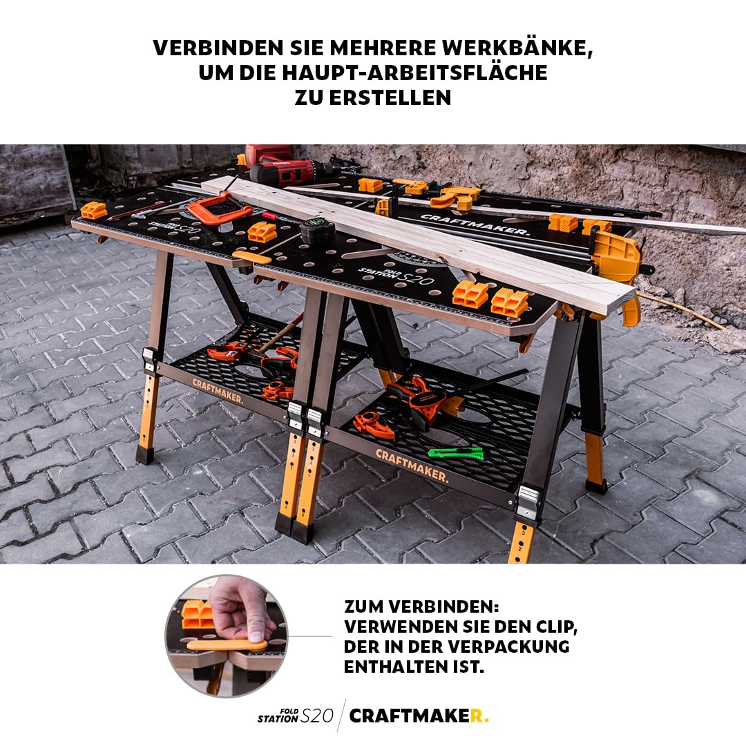 Klappbare Werkbank mit Arbeitsbockfunktion, höhenverstellbare Stahlkonstruktion, geeignet für schwere Arbeiten, inklusive Zubehör