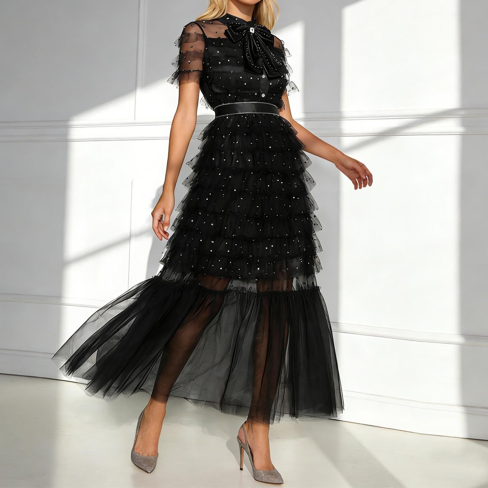 Vestido de noche largo para mujer, vestido de varias capas, malla asimétrica, vestido de tul, manga corta, cuello redondo, túnica, línea A, malla, vestido de cóctel, boda, fiesta