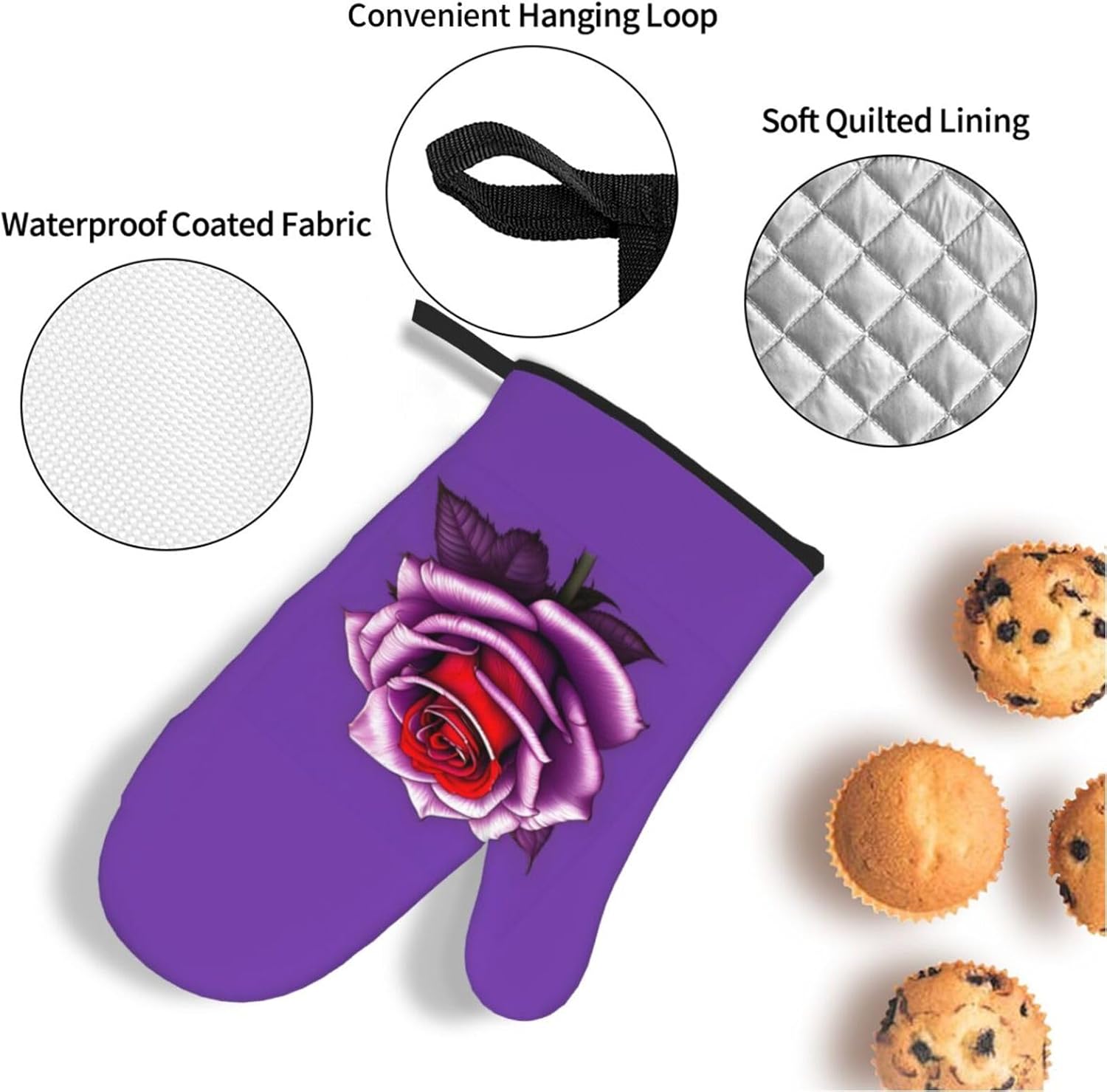 Fuchsia Rose Oven gloves and heat-resistant mat 4-piece set. Suitable for grilling, microwave oven frying, and baking