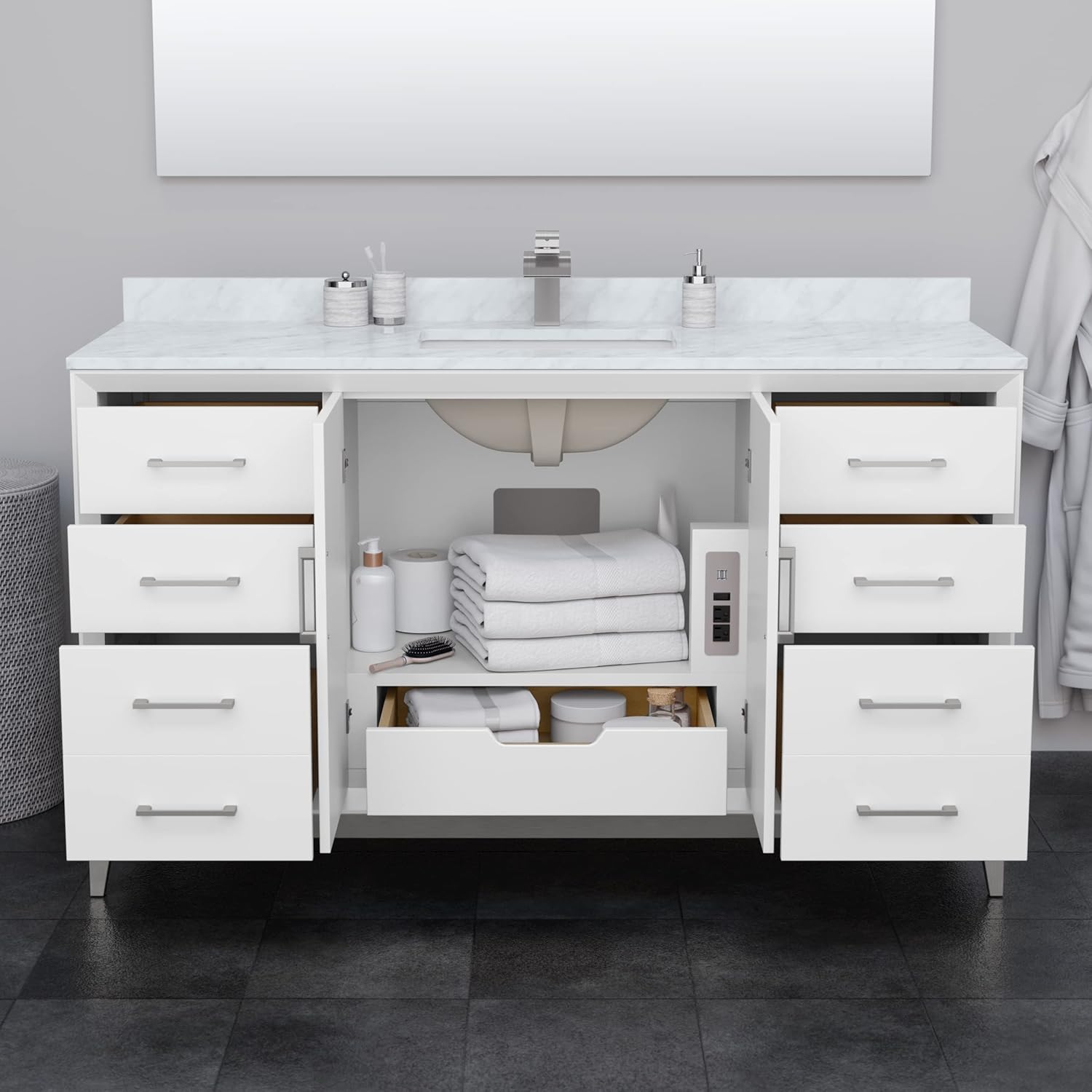 Wyndham Collection Amici 60 Inch Single Bathroom Vanity in White, No Countertop, No Sink, Satin Bronze Trim