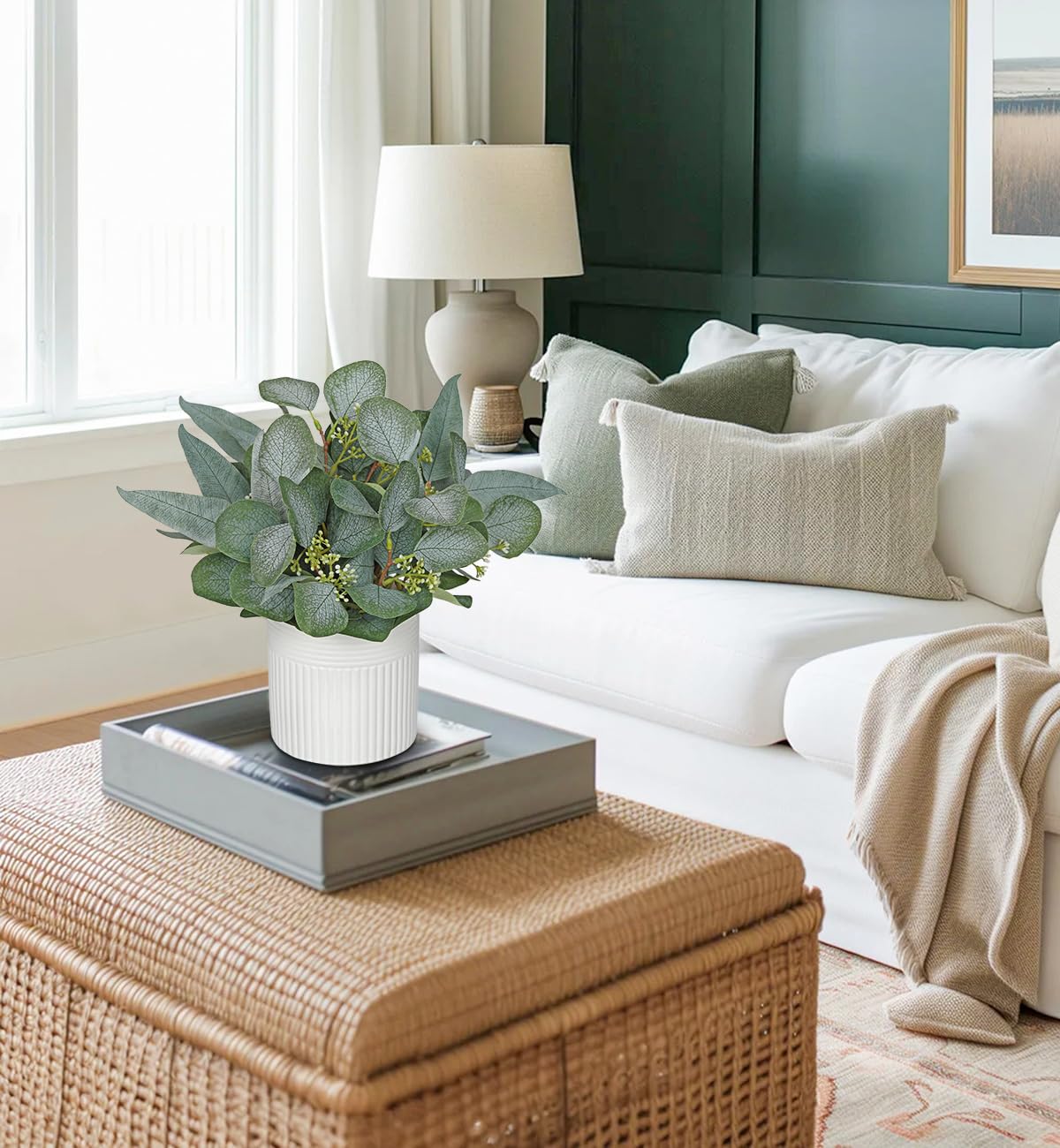 Pianta Artificiale Di Eucalipto In Vaso Ceramica – Admired By Nature – Verde Giada – Decorazione Da Scrivania, Ufficio E Casa – 8,25x9x8 Cm