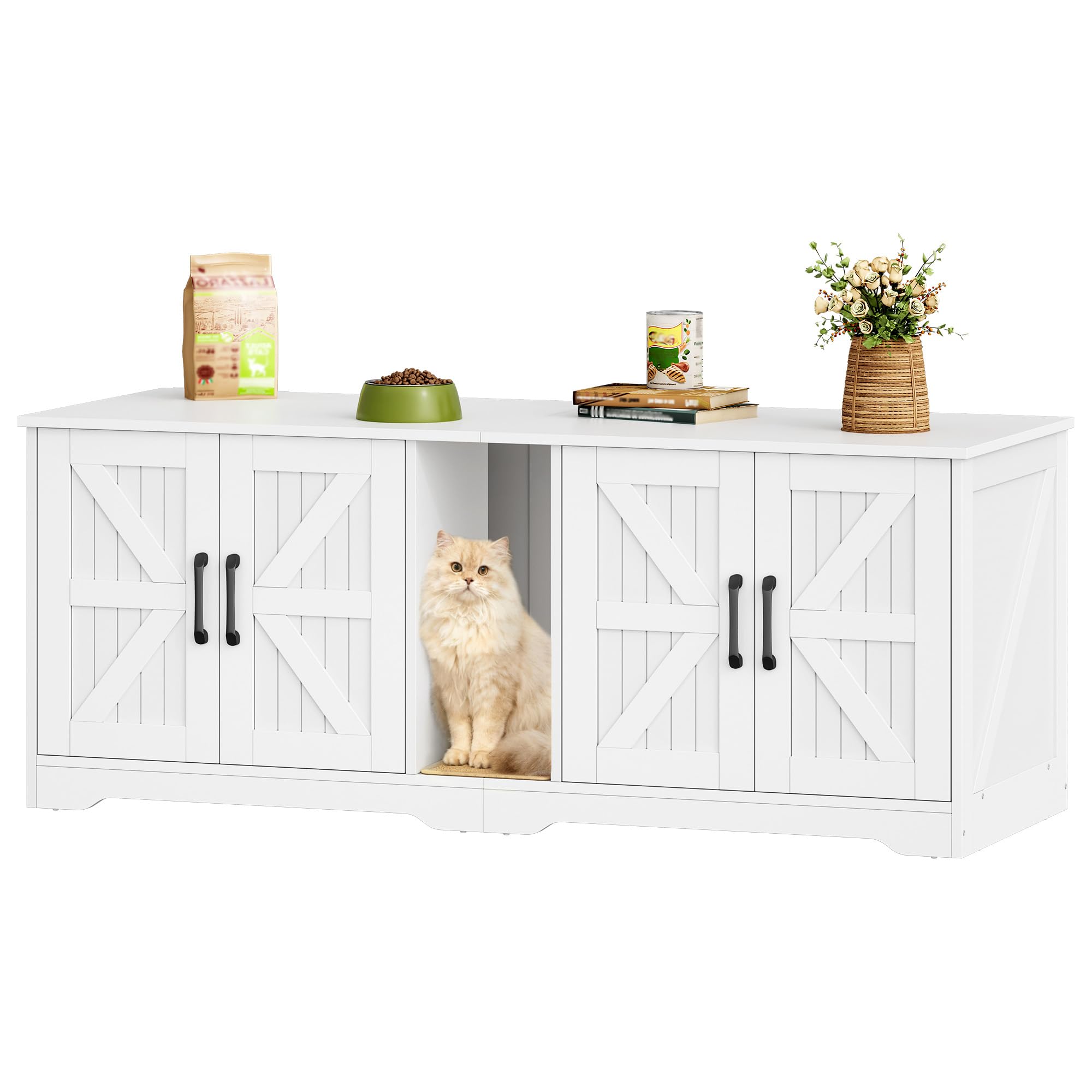 Katzenklo Schrank für 2 Katzen, Katzenklo Versteckt Schrank Möbel, Katzenhaus Holz Beistelltisch mit Kratzmatte, für Wohnzimmer und Schlafzimmer, 140 x 50 x 55 cm, Weiß, FPCB103PW1