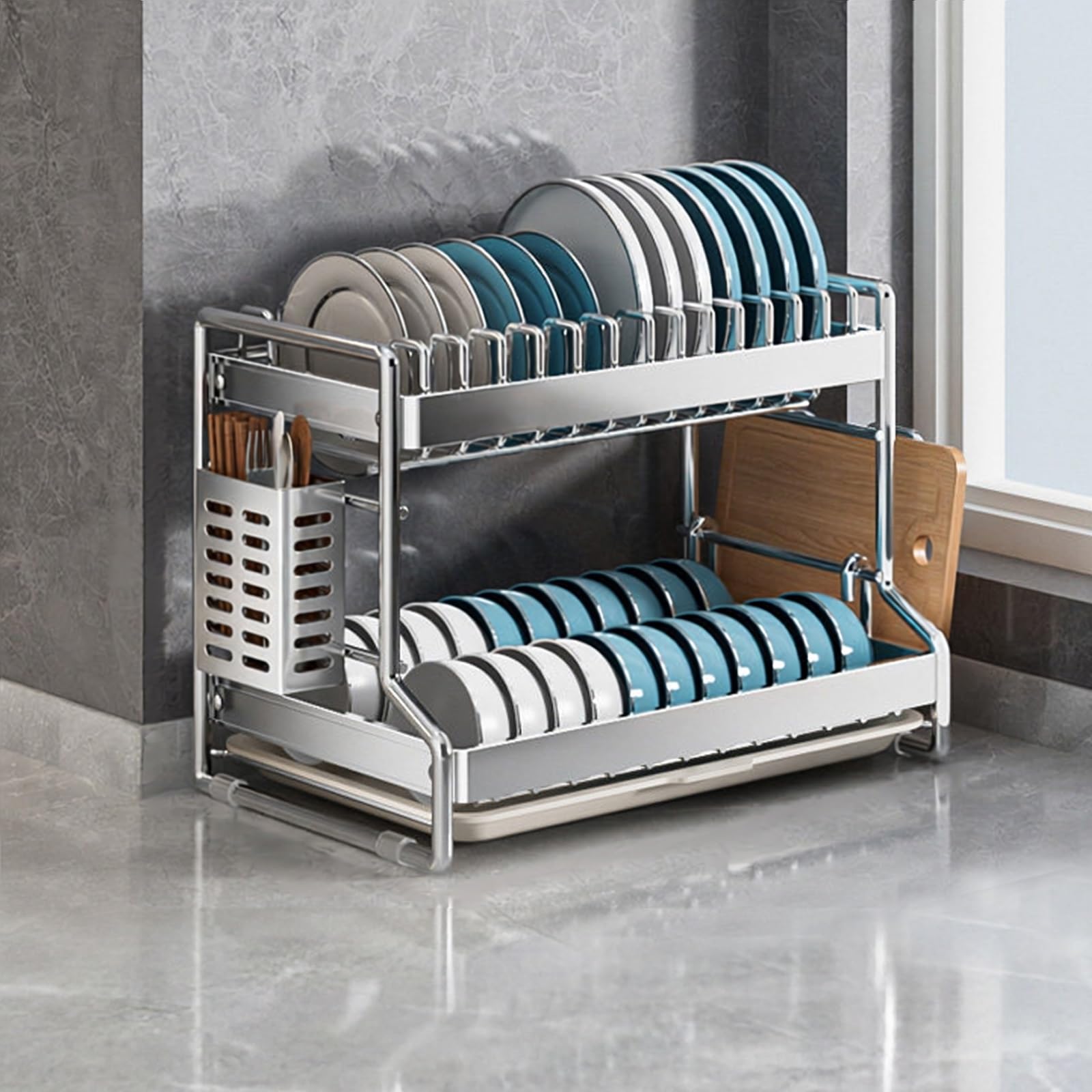 LQXCHEFYVA Countertop Dish Drying Rack, Space Saving Kitchen Plate & Bowl Drainer Storage Organizer, With Removable Drain Tray, Suitable For Draining Kitchen Dishes(B,42x30cm/16.5x11.8in)