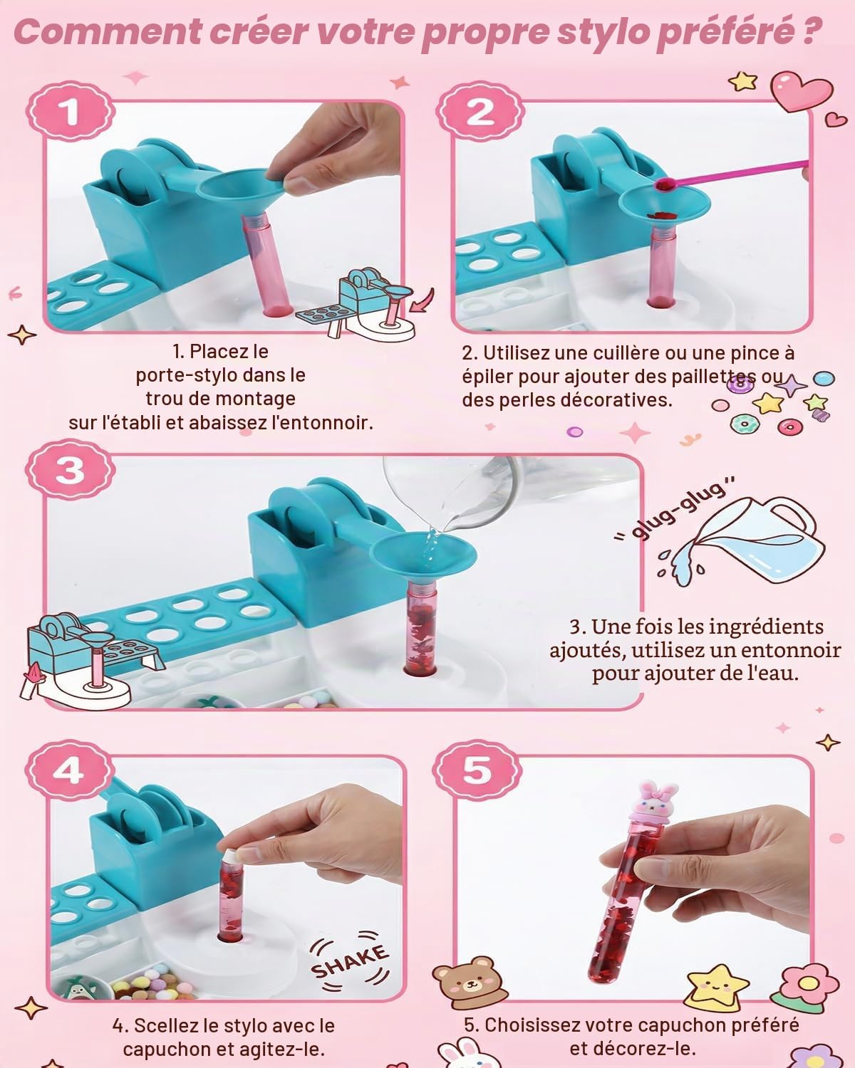 Kit de stylos à faire soi-même pour enfants à partir de 6 ans – Mon atelier de stylo avec 50 accessoires pour 10 stylos personnalisés (paillettes, plumes, figurines) – Kit créatif comme cadeau