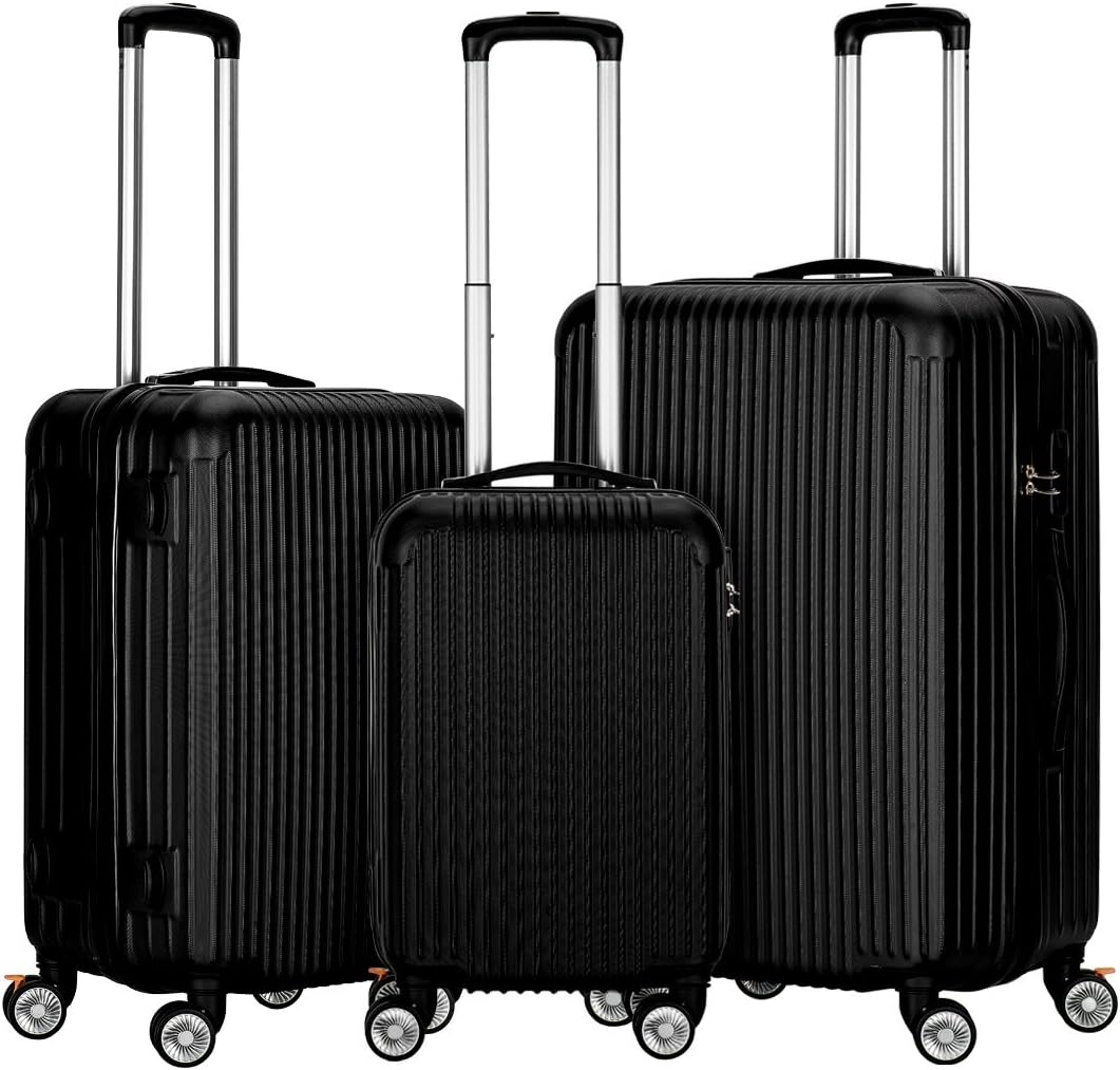 InnerTeck 3 Piece Luggage Set Spinner Hardshell Lightweight Suitcase Set - Black