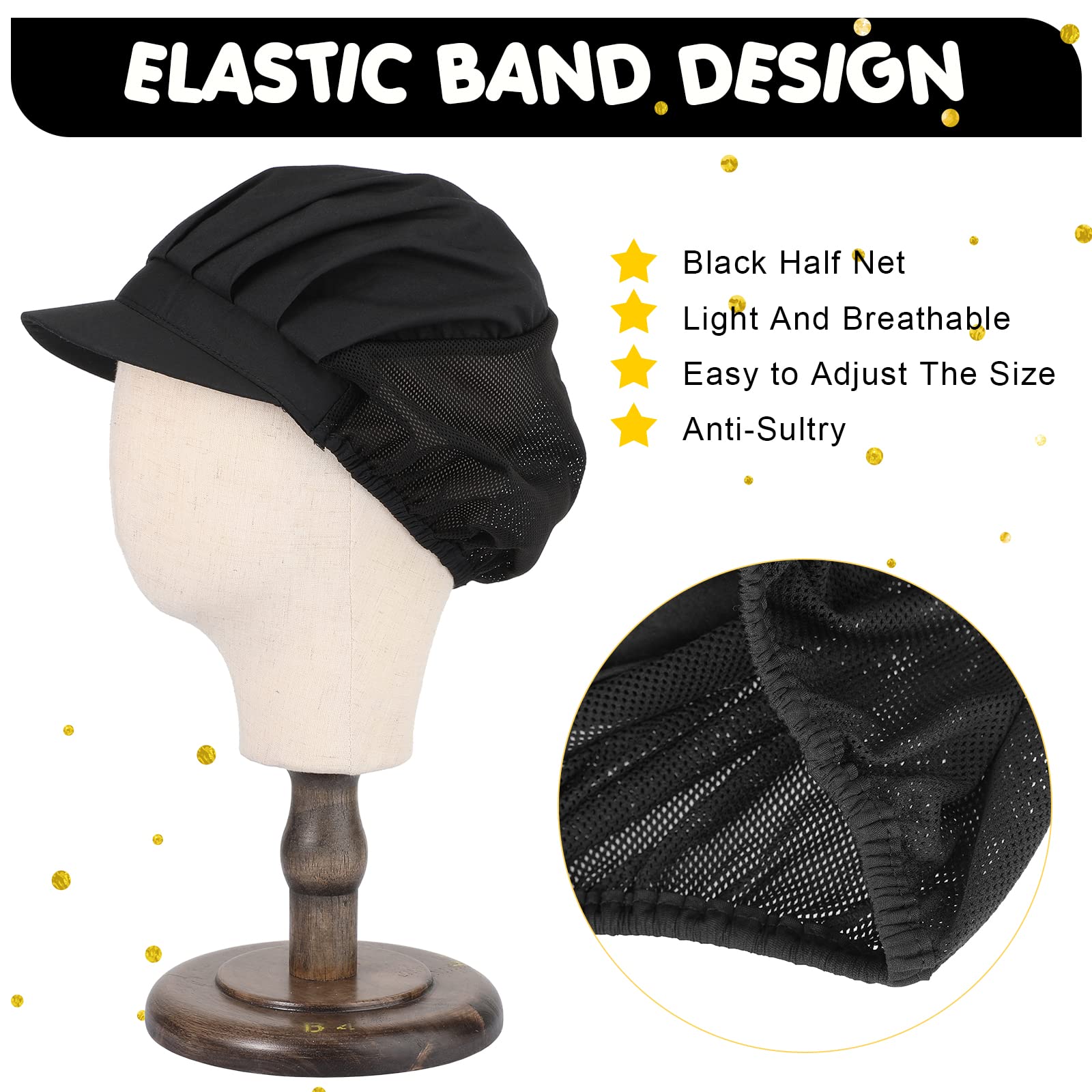Hicarer 16 Pcs Chef Hats for Women Hair Nets Kitchen Cooking Chef Cap Adjustable Elastic Work Cap for Women Adult, Black