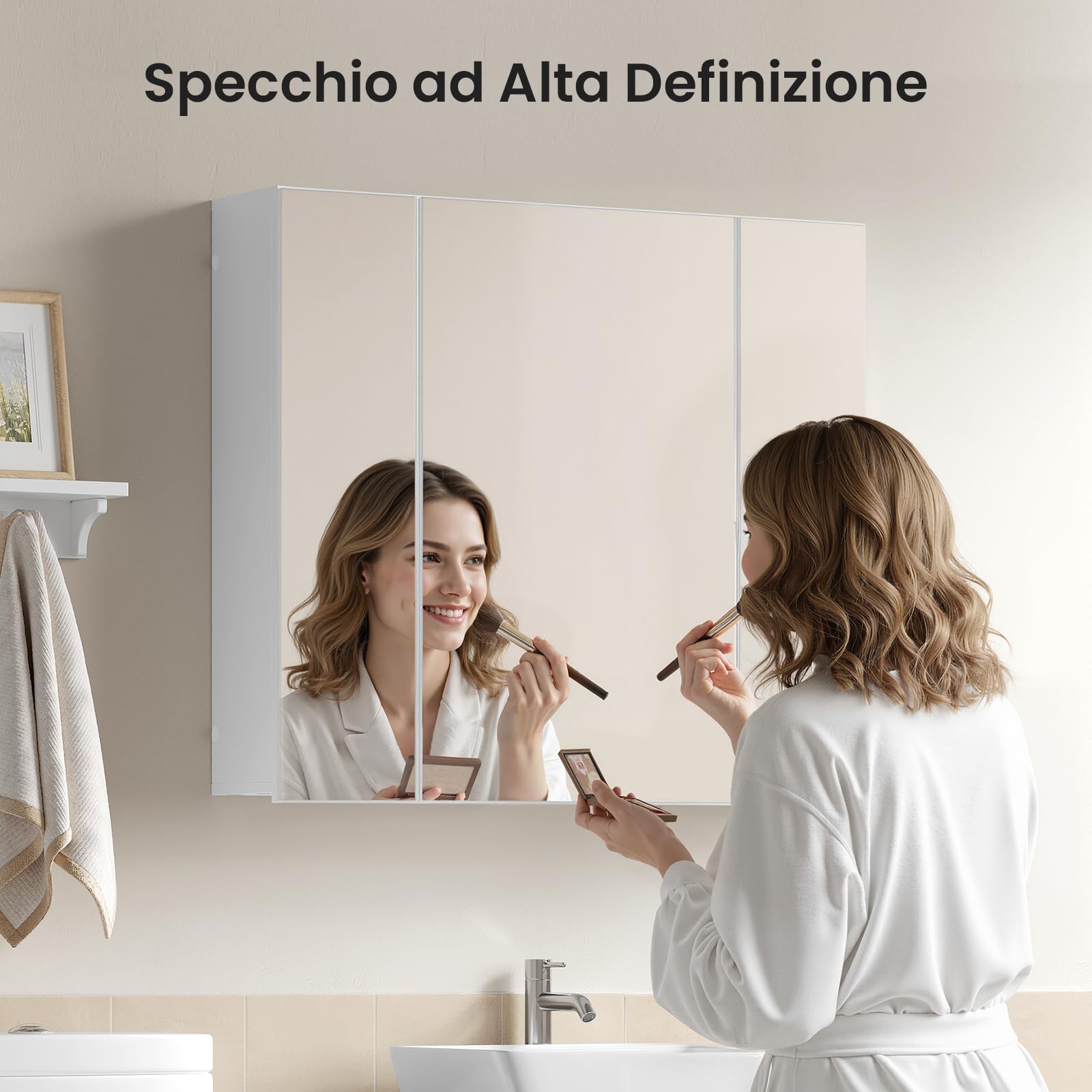 EUGAD Armadietto Bagno con Specchio, Mobile Bagno Sospeso, con 3 Ante, Ganci, Ripiani Regolabili, Stile Nordico, Bianco, 70x14,5x61 cm