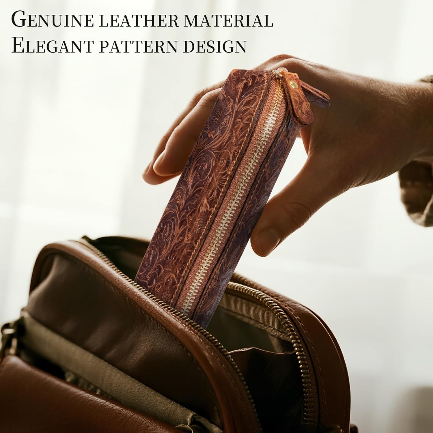Gexmil Genuine Leather Pen Case, Full Grain Leather Pencil Holder, Hand-made Stationery Bag for Work & Office, Vintage Style, Floral Brown