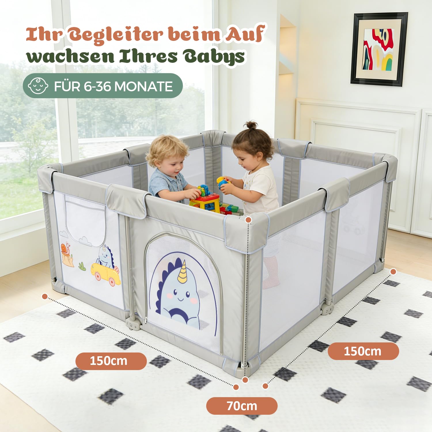 Laufstall Baby Faltbar 150x150 mit Matratze, Tragbarer Laufgitter Baby aus 300D Oxford-Gewebe, 360° Atmungsaktives Netz & Rutschfestem Boden, Sicherer Babyspielplatz für Drinnen & Draußen - 4