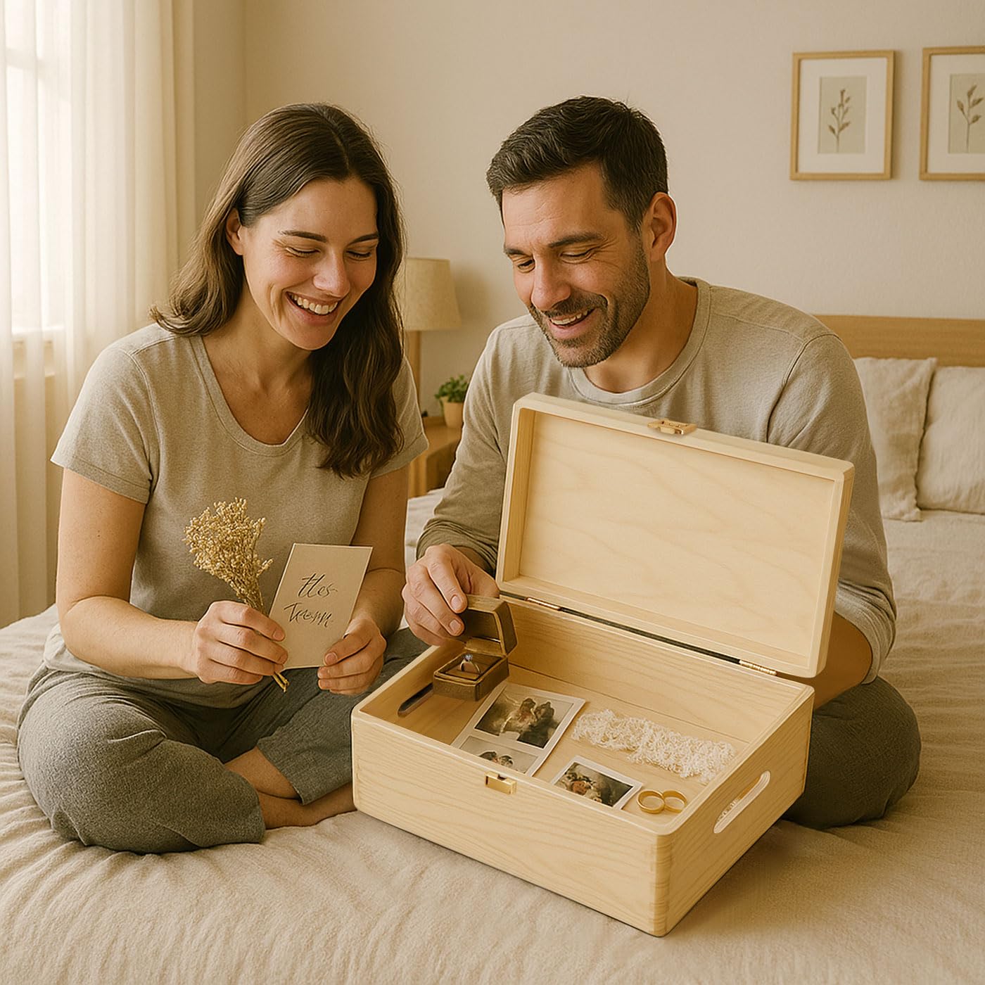 Maverton Boite a Souvenir Personnalisable - Cadeau Personnalisé pour couple - L/XL Boite de Rangement avec Couvercle en Bois de Pin Naturel - Cadeau Noel - Cadeau Mariage Anniversaire Amoureux