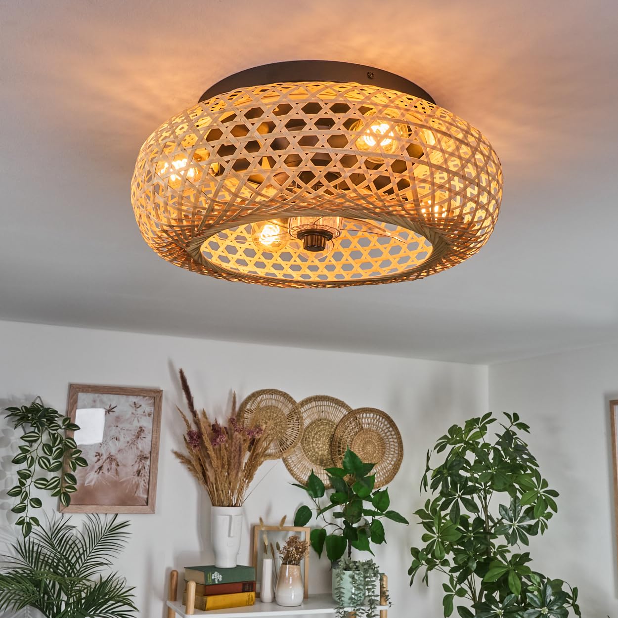 Ceiling Fan Bauro, Fan Made of Metal/Bamboo in Black/Natural with Remote Control, up/Down Function and Light Effect on the Ceiling, Ceiling Light 4-Flame Ø 50 cm, 4 x E27, Without Bulbs
