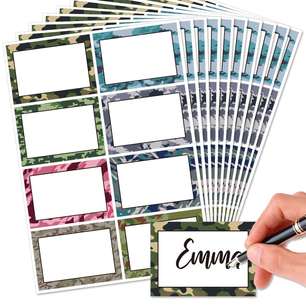 OLYCRAFT 80Pcs/10 Sheets Camouflage Name Tags Stickers 3.3x2.4 Inch Self Adhesive Name Tags Blank Name Labels Writable Name Label Sticky Name Tags for