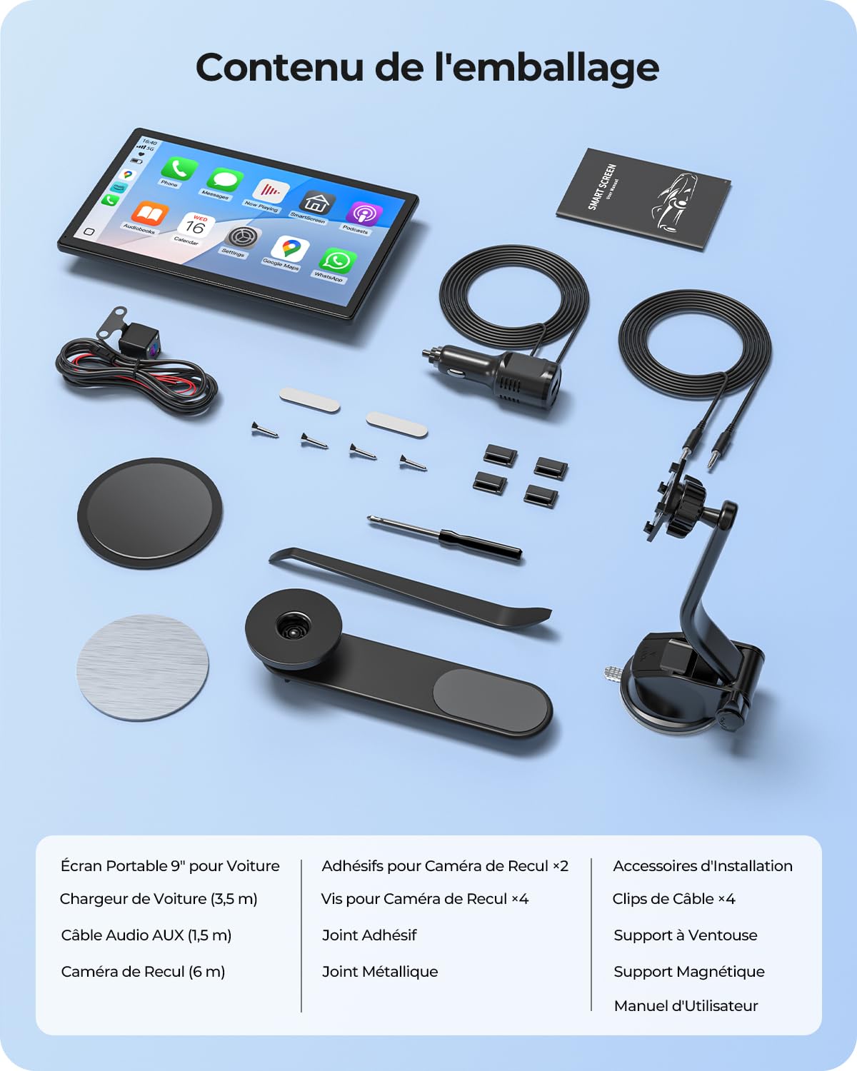 Écran Portable 9'' pour Apple CarPlay & Android Auto, Affichage HD 1024*600, Support Magnétique, Mises à jour OTA, Modes Portrait et Paysage, Caméra de Recul, Bluetooth, Contrôle Vocal, Navigat