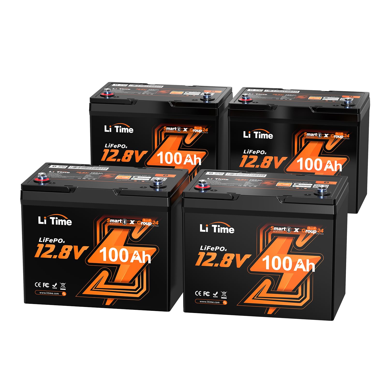 4packs LiTime 12V 100Ah LiFePO4 Lithium Battery with Bluetooth
