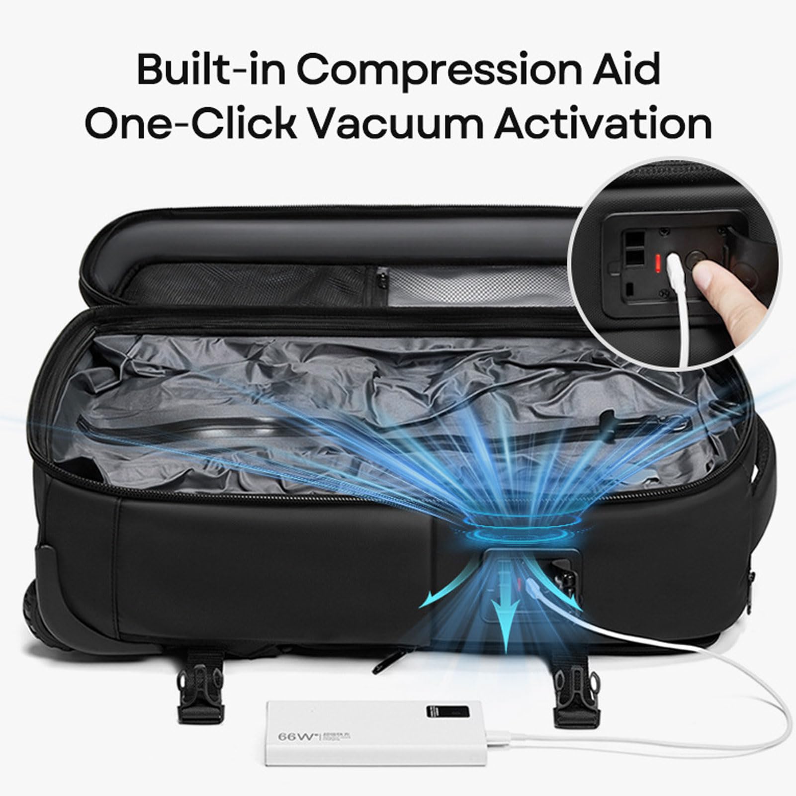 Vakuum-Rollrucksack mit Rädern, Ausziehbar 25L/30L/60L, Wasserdichter USB Typ-C Schnellladefunktion Rucksack für Reisen Geschäftsreisen Outdoor