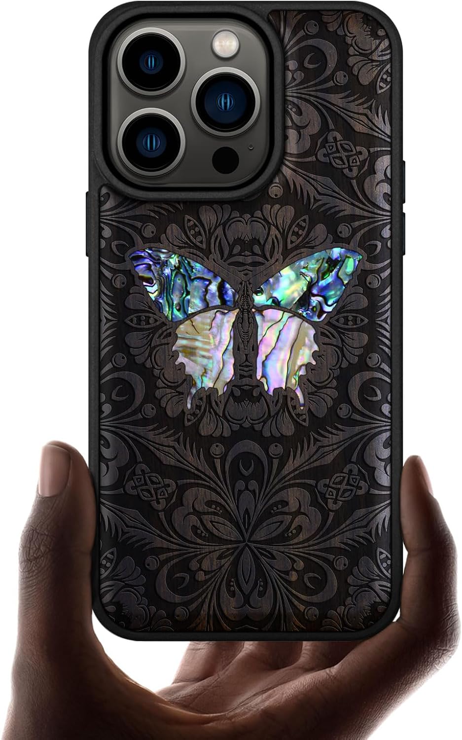 Carveit Designer Wooden Protective Magnetic Case for iPhone 14 Pro Case [Wood Engraving & Shell Inlay] Compatible with 14 Pro MagSafe (Baroque Butterfly-Walnut)