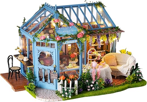 CUTEROOM دمية مصغرة مع الأثاث، 3 D خشبية مصغرة دمية البيت مع صندوق الموسيقى & أضواء LED،124 مقياس DIY البيت كيت روز حديقة الشاي البيت