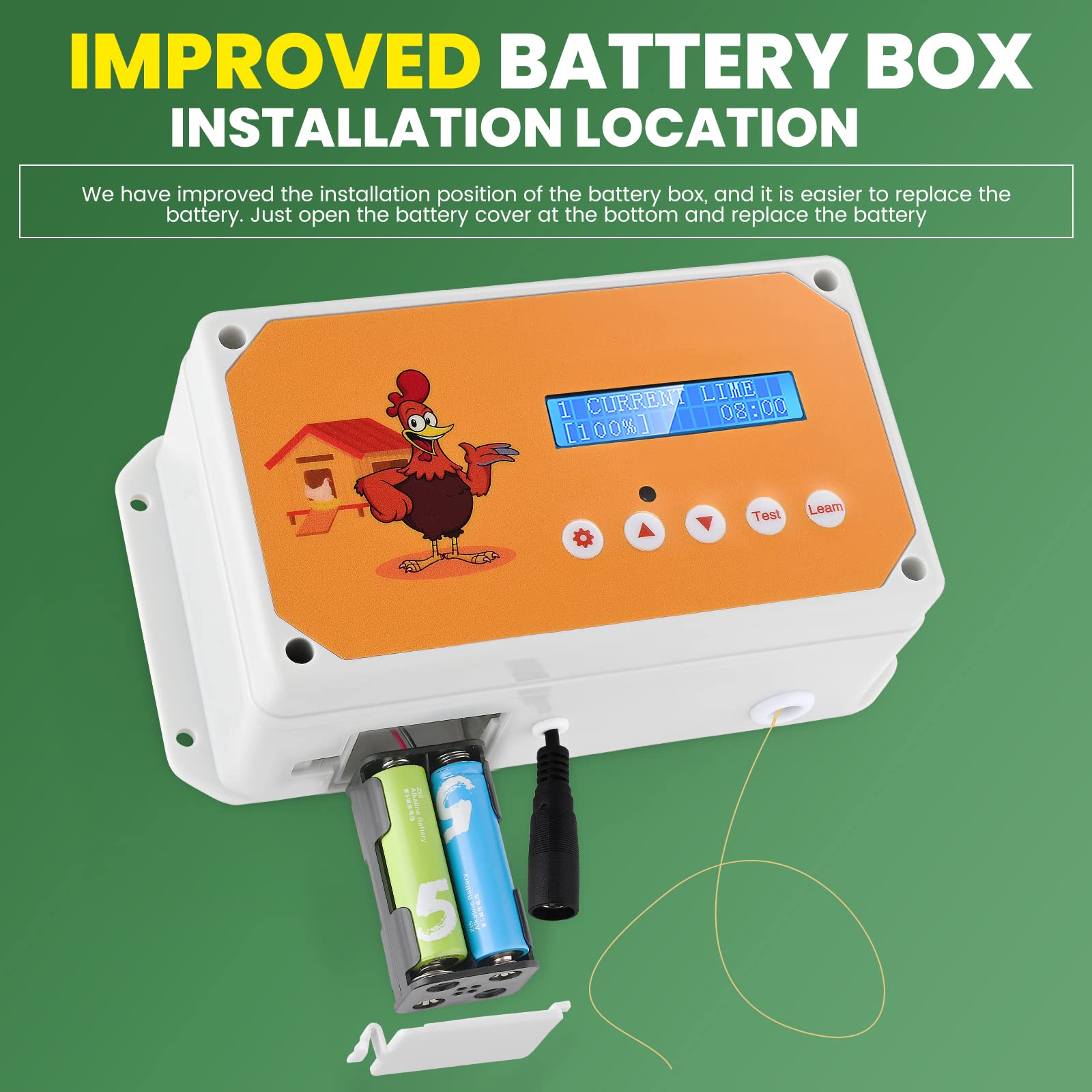 Apriporta Automatico per Pollai con Timer e 1 Telecomandi, Sistema di Sollevamento Porta Pollame IP65 Impermeabile per Tenuta Sicura, a Batteria o Solare