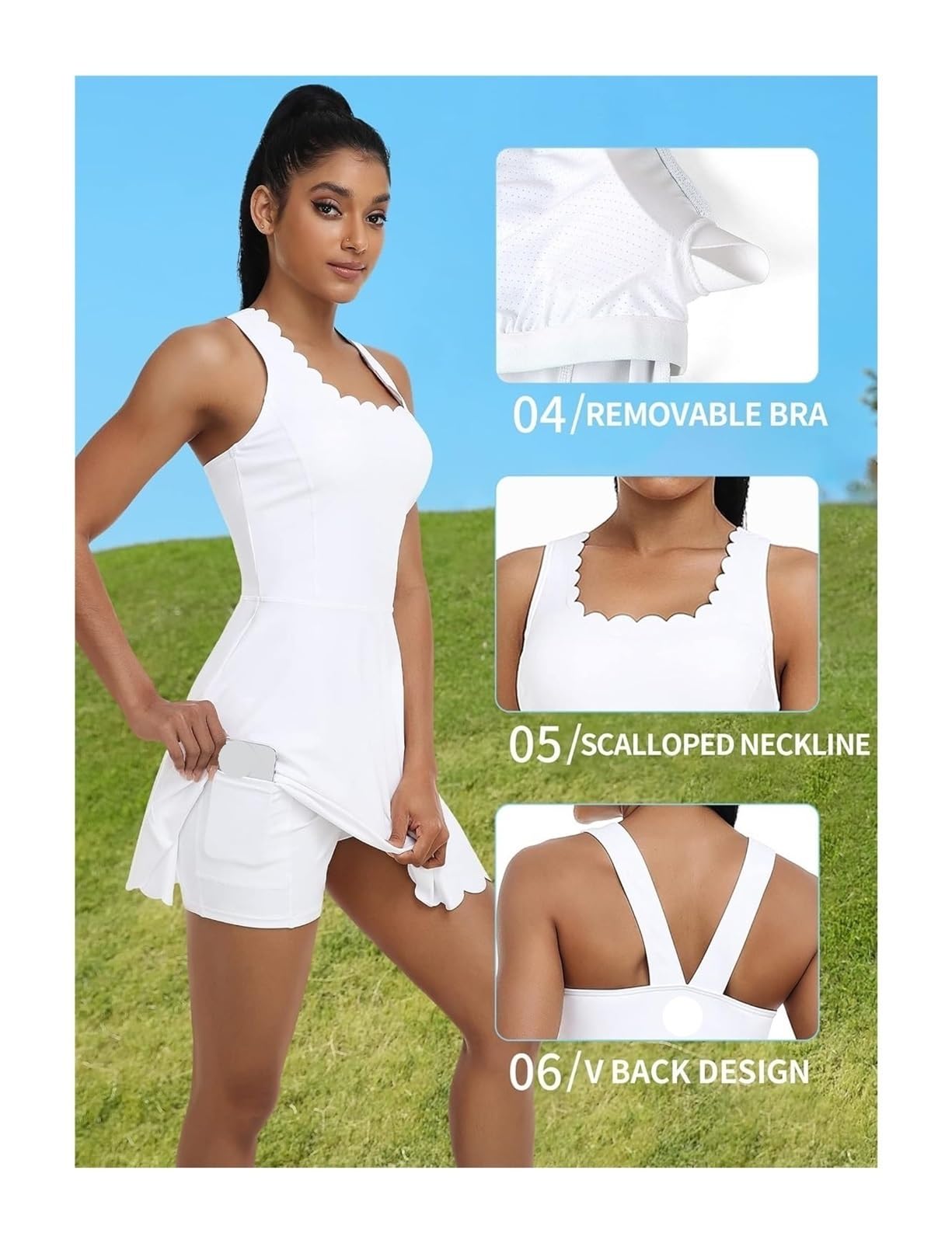 Vestido Tenis Mujer Vestido De Tenis For Mujer, Escote Festoneado, Diseño Espalda En V Acolchado Extraíble, Pantalones Cortos Separados con Dos Bolsillos Laterales, Golf
