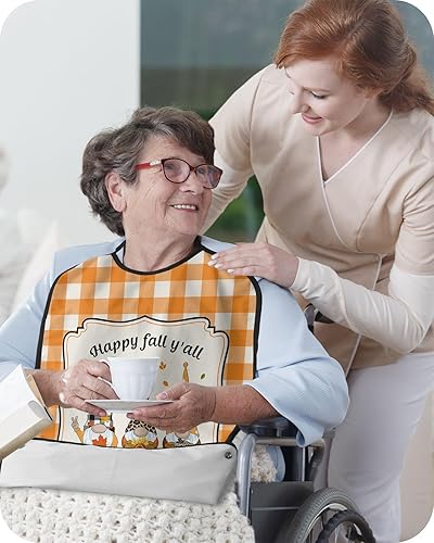 Miniatura 3 de QueenKer Funny Adult Bibs for Eating, Happy Fall Y'All Gnome Orange Plaid Waterproof Clothing Protector Washable Adult Bib with Crumb Catcher for