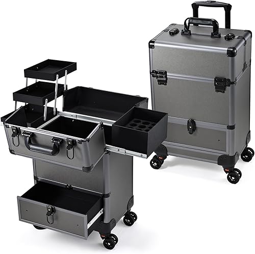 Miniatura 8 de Hododou Caja de tren de maquillaje rodante Carro cosmético portátil con ruedas de cajón 4 bandejas fondo grande, Negro -