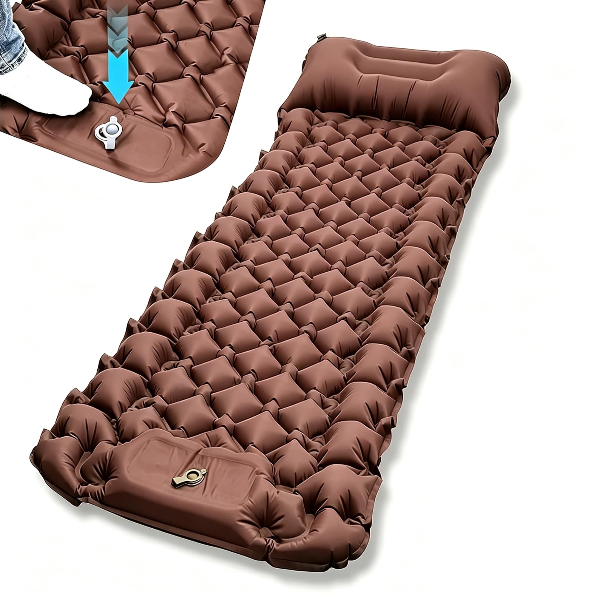 Camping Sleeping Pad, Ultralight Inflatable Camping Mat Bed with Pillow Built-in Foot Pump Portable Waterproof Sleeping Pads Compact for Outdoor Camping, Backpacking, Hiking, Tents (Khaki, Single)