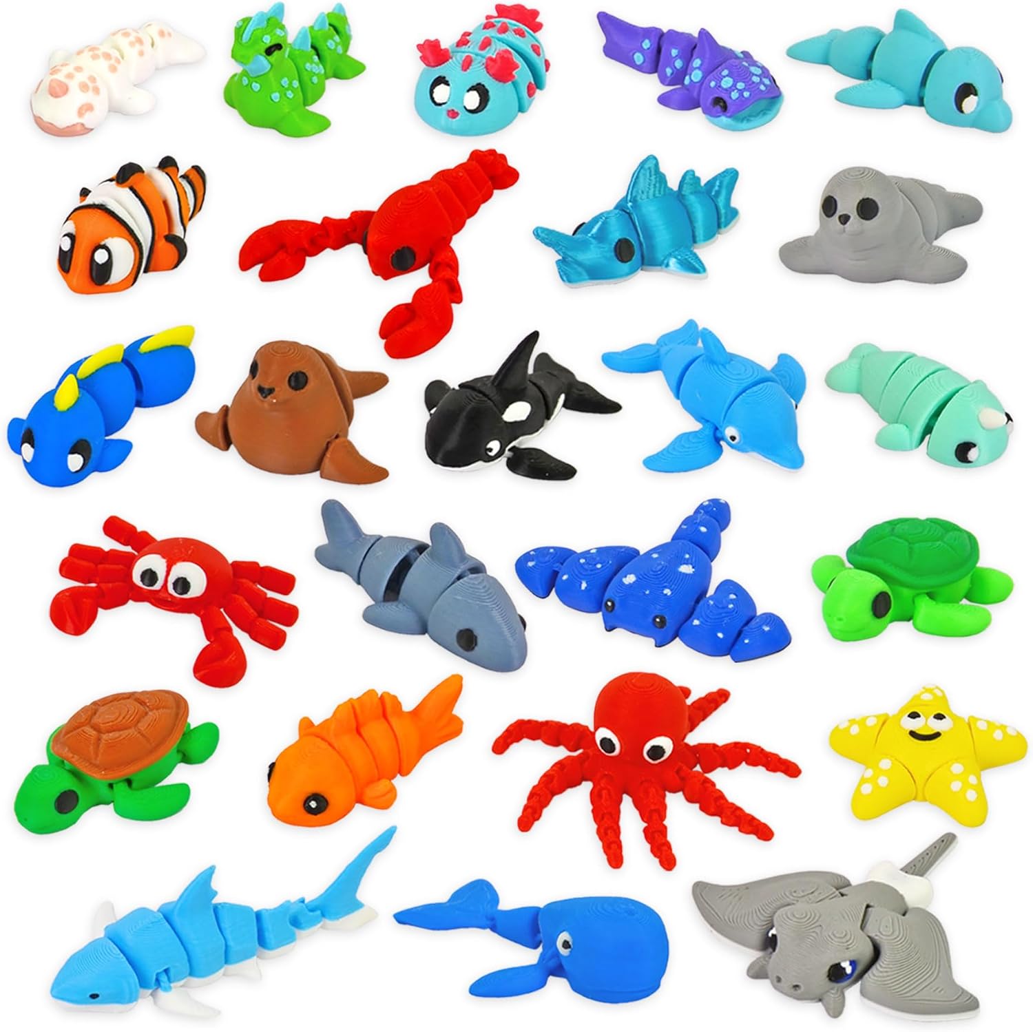 Vileafy 25 Mini Articulated Sea Animal Figurines, 3D Printed Ocean Animal Toys for Kids, Cute Collectible Animals, Flexible Fidget Toys for Under the Sea Party Favors – Sea Animal Theme