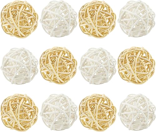 Framendino, Paquete de 12 bolas decorativas de mimbre de ratán de 2 pulgadas, para decoración del hogar, boda, color blanco natural