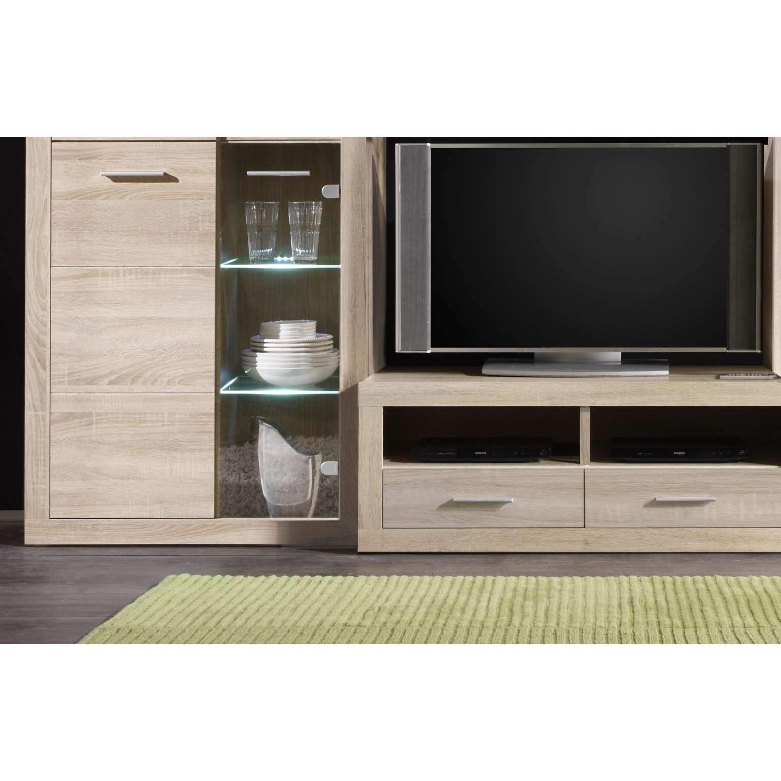 AVANTI TRENDSTORE - Cougar - Parete da soggiorno in laminato di quercia Sonoma, illuminazione LED compresa, dimensioni: LAP 285x195x40 cm