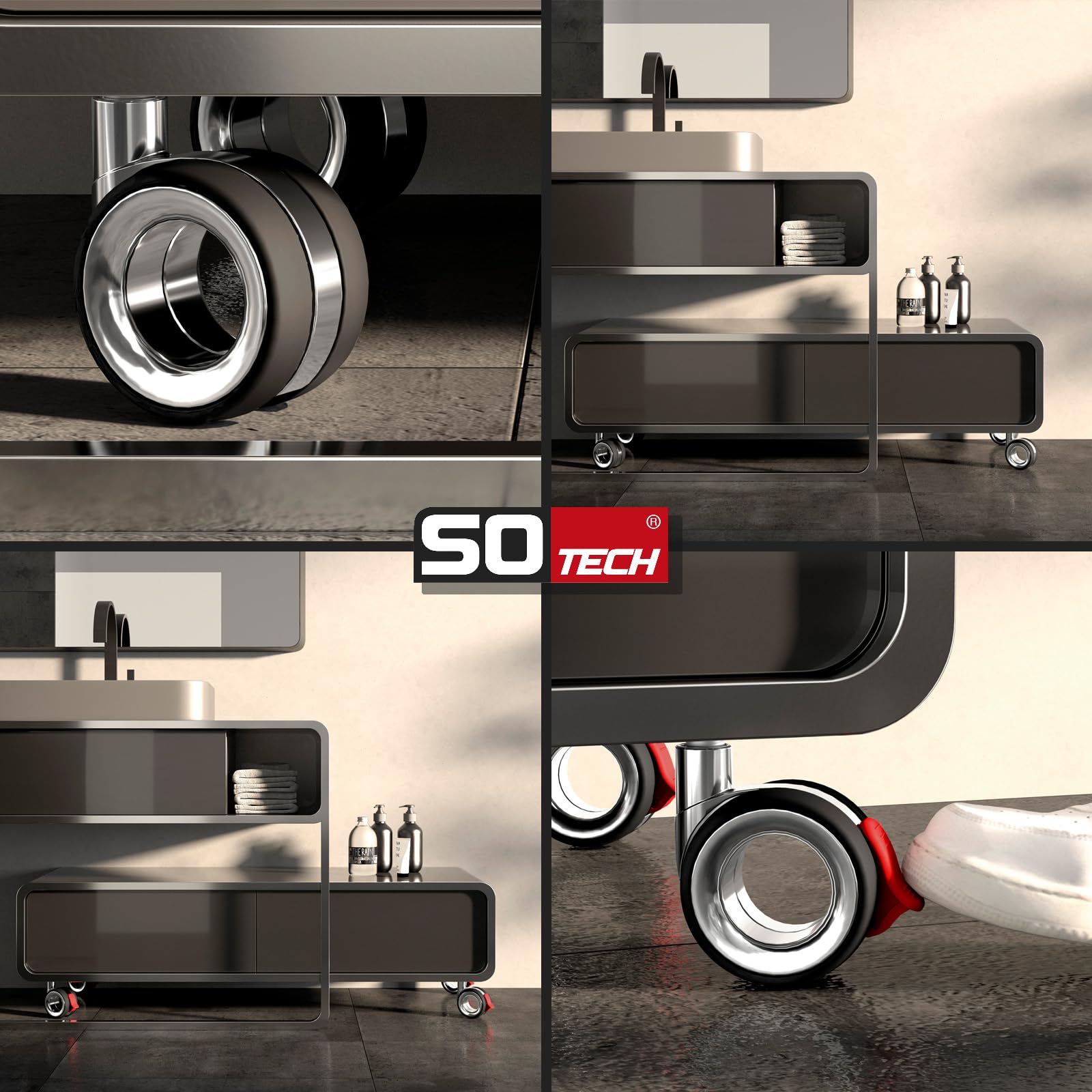 SOTECH 4er Set Premium Möbelrollen Düsseldorf Ø 75 mm (Höhe 98,5 mm, chrom/schwarz, 2x Lenkrollen, 2x Lenkrollen mit Bremse, Anschraubplatte 47 x 47 mm) Transportrolle für moderne Möbelstücke