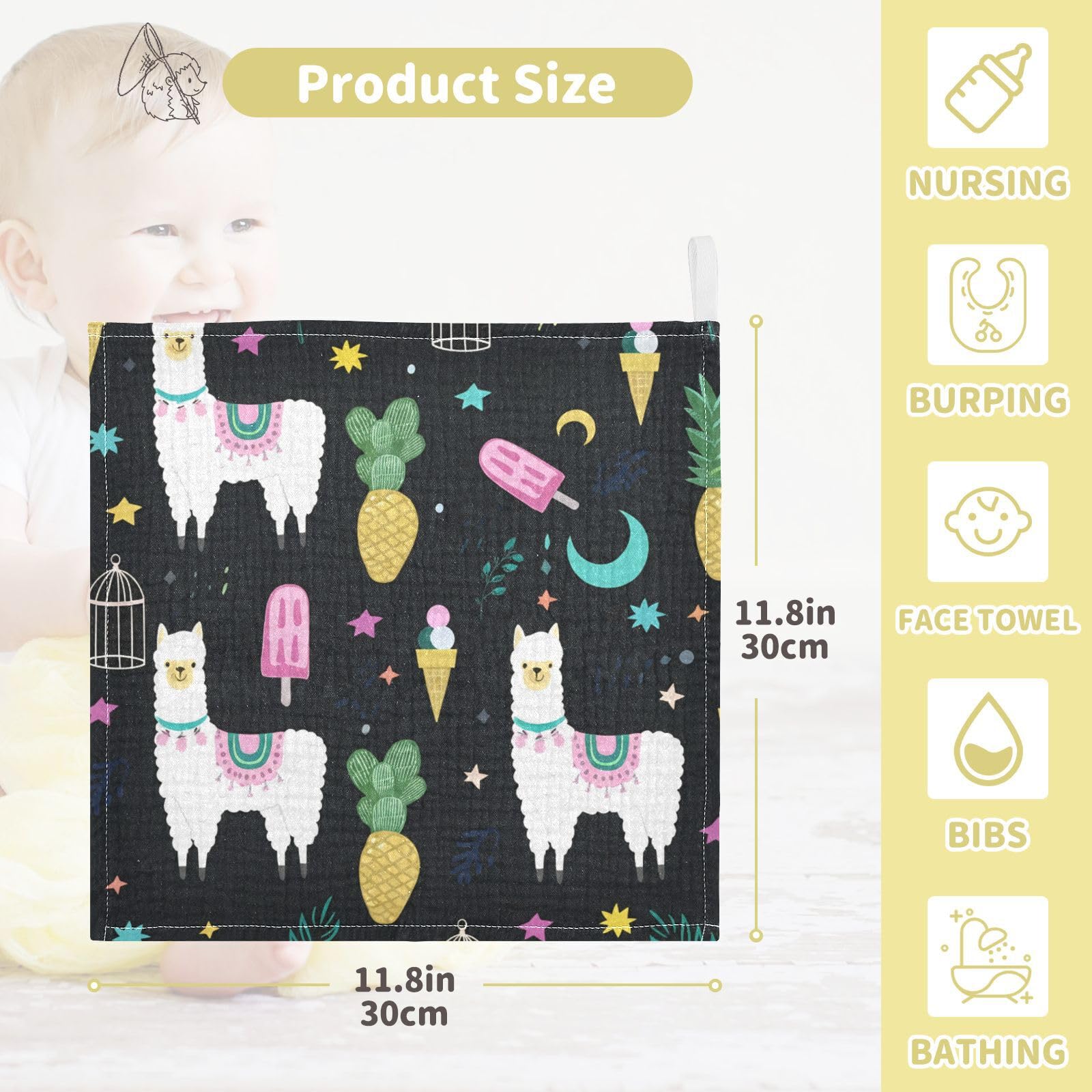 Nander 5Pack Baby Muslin Washcloths,Cute Alpaca Soft Face Cloths for Newborn, Absorbent Bath Wash Cloths, Wipes, Burp Rag,Toddlers Essentials Stuff, Baby Registry as Shower