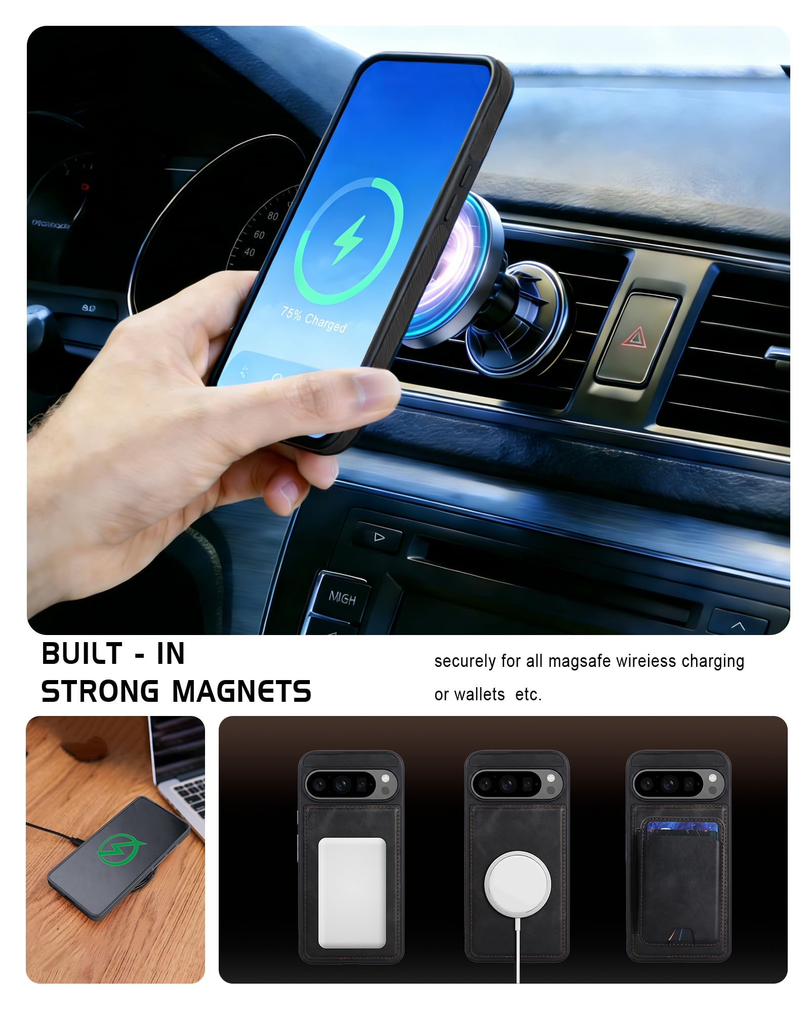 Custodia a portafoglio magnetica staccabile per Google Pixel 11 Pro con cavalletto, 2 in 1 compatibile MagSafe con blocco RFID, custodia sottile in pelle PU nera